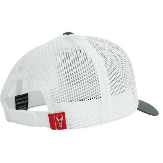 White mesh snapback hat with red Badlands patch and gray brim, outdoor sports style