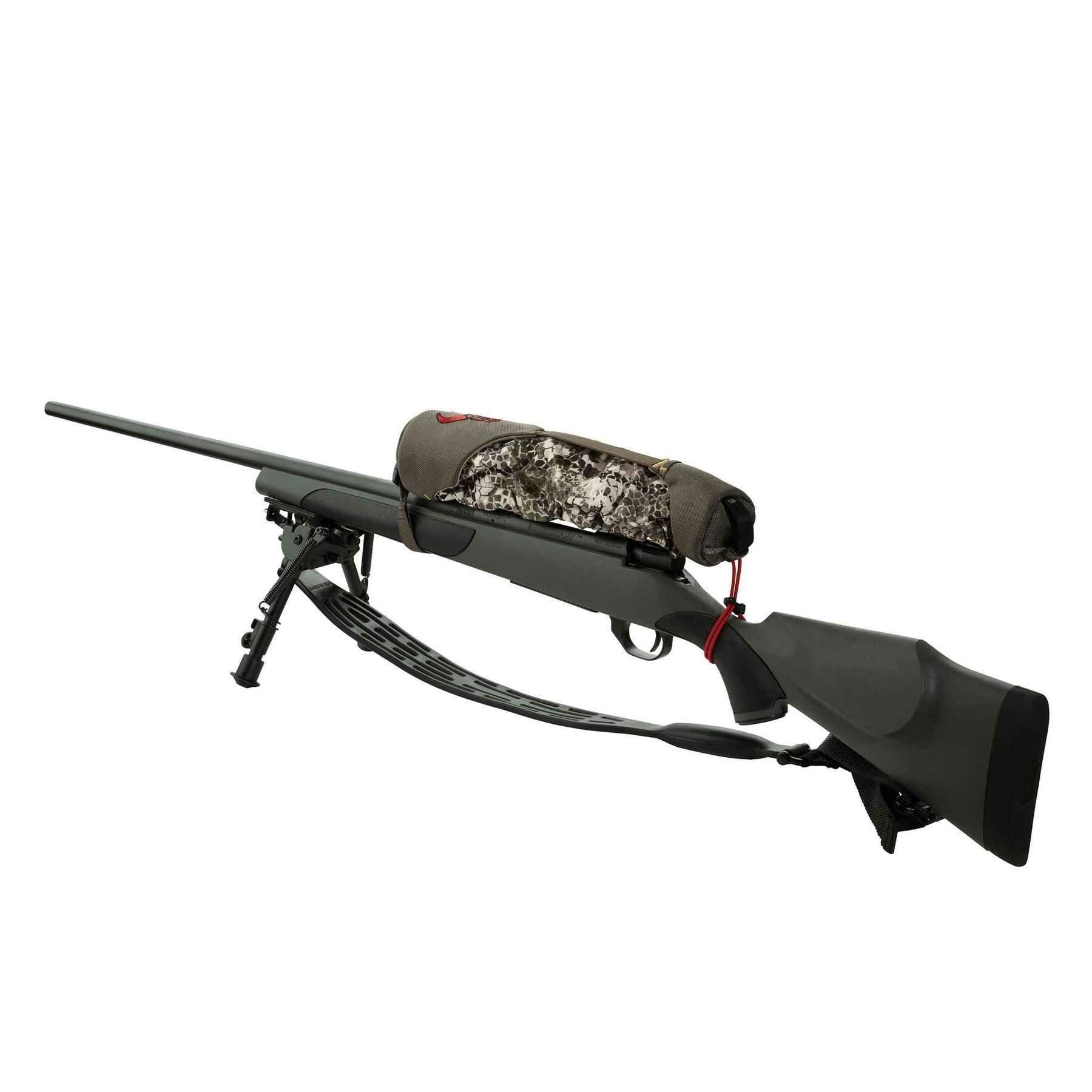 Badlands scope cover on black hunting rifle with bipod, white background