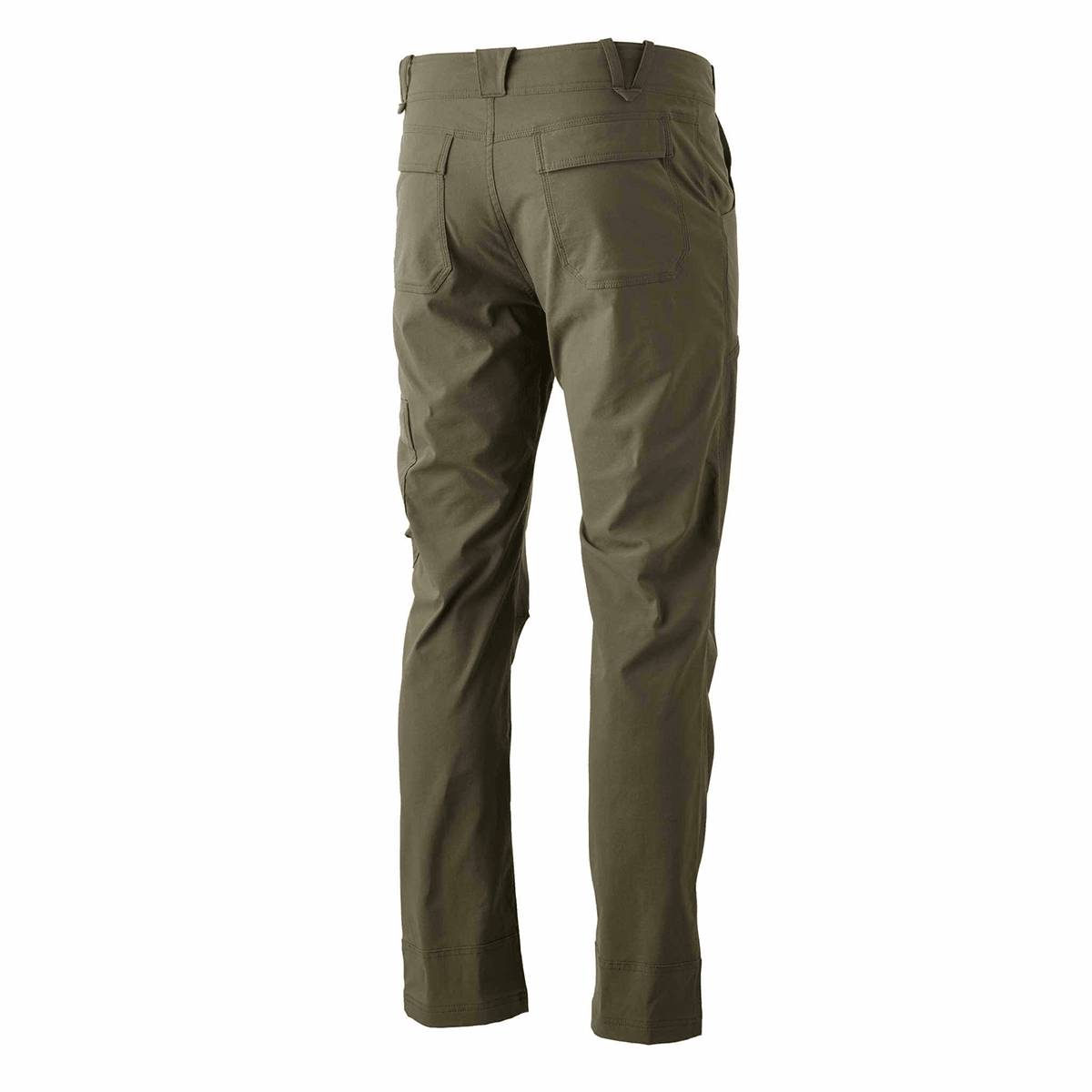 Olive green outdoor hiking pants with back pockets shown on a white background.