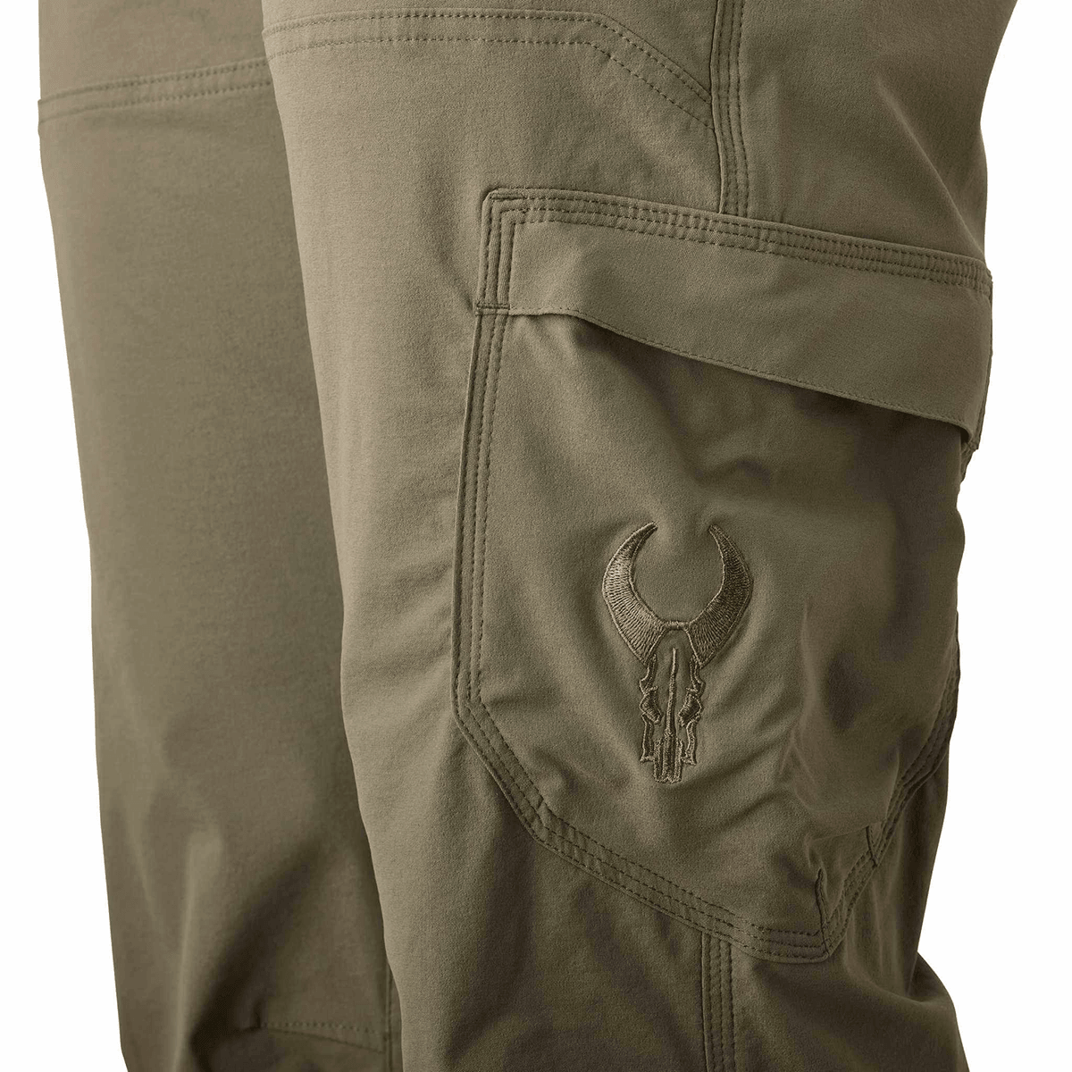Olive green Badlands Scree Pants with embroidered skull logo on cargo pocket