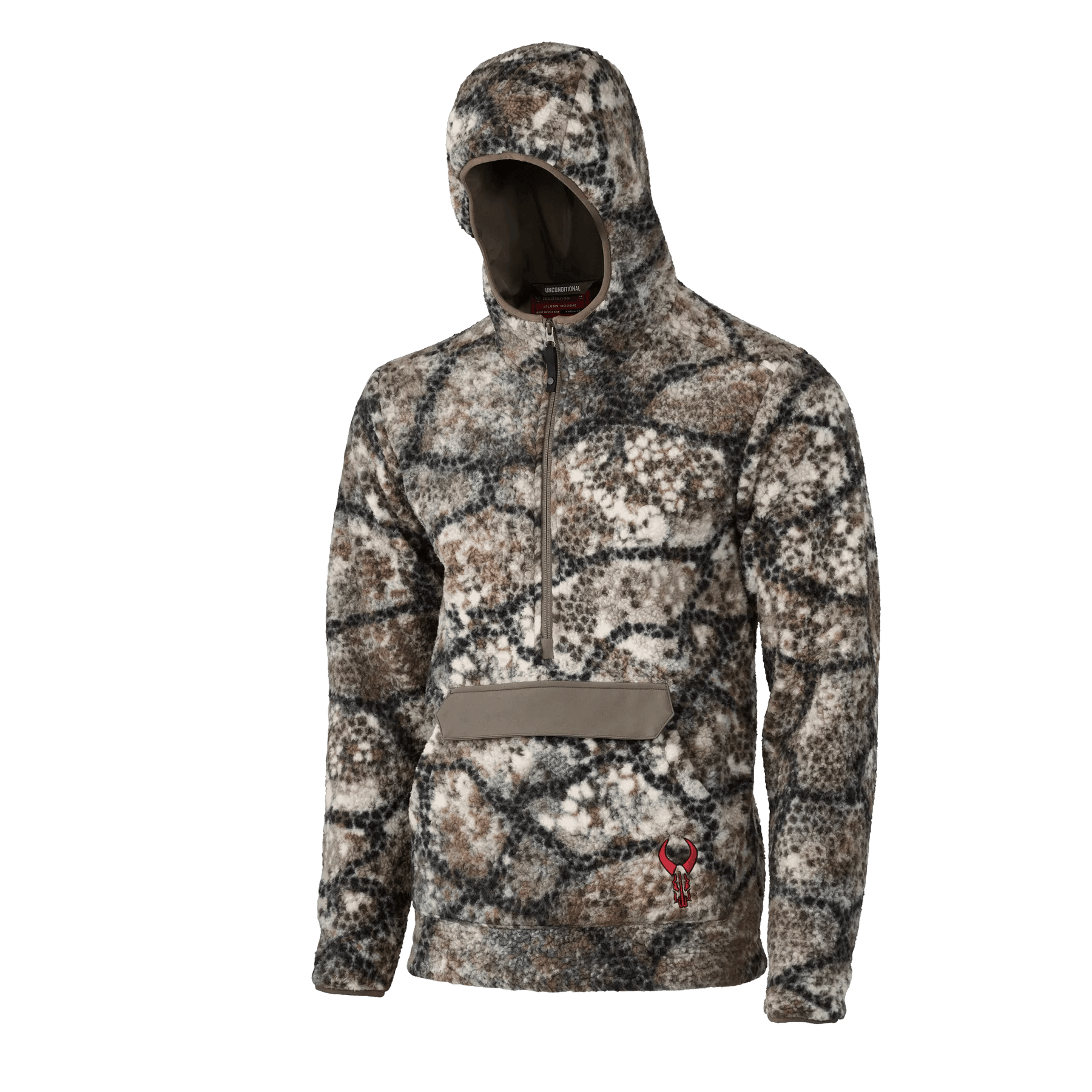 Badlands Silens Fleece Hoodie in camo pattern with hood and front zipper, outdoor apparel