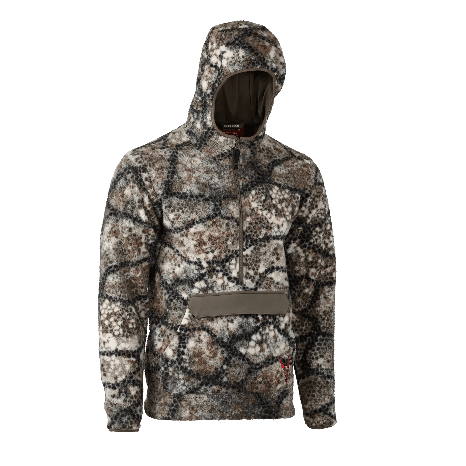 Badlands Silens Fleece Hoodie in camo pattern with front zip and pocket on plain background