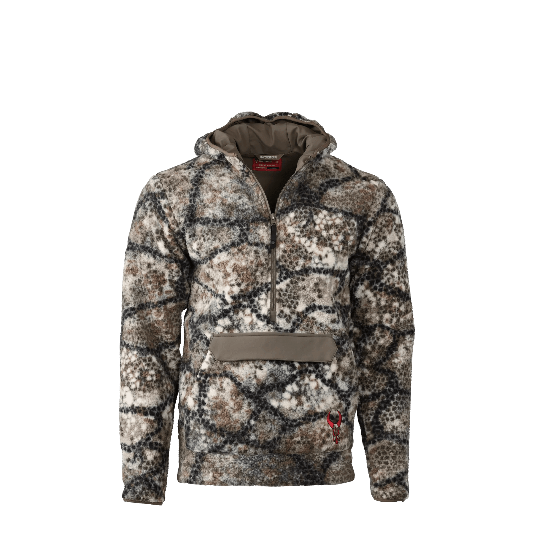 Camo Badlands Silens fleece hoodie with front pocket and zip, displayed on plain background