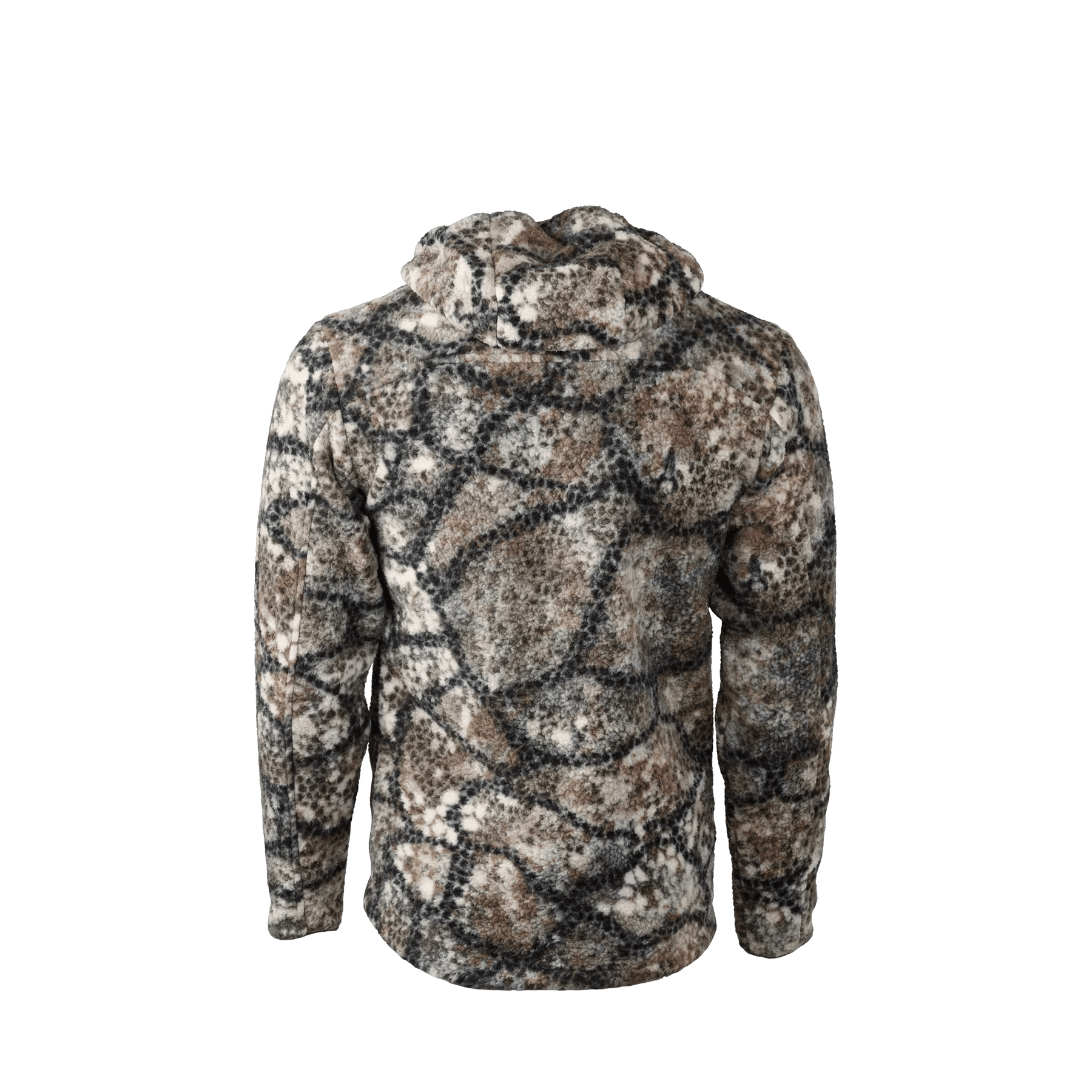 Back view of Badlands Silens Fleece Hoodie in camouflage pattern on plain background