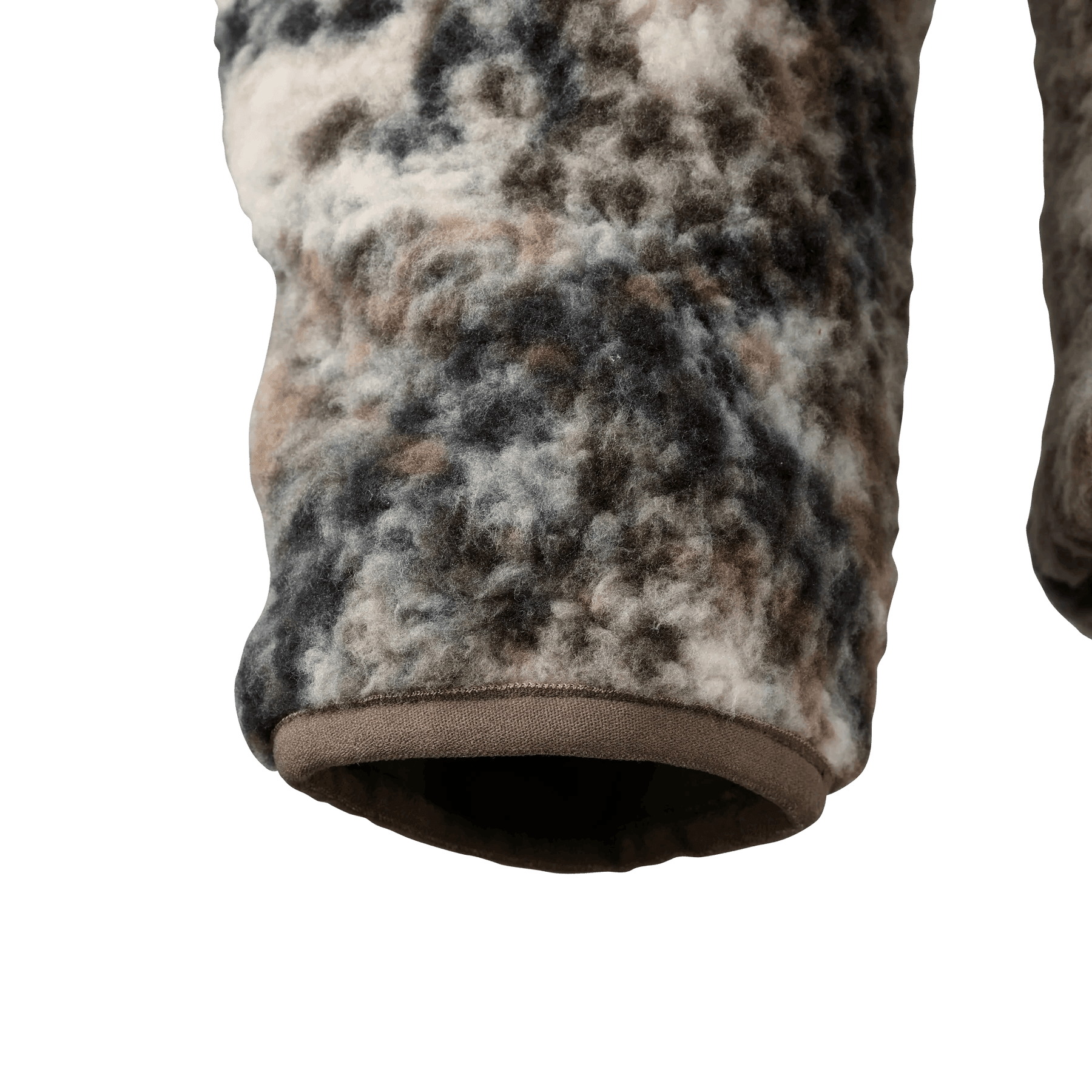 Close-up of Badlands Silens fleece hoodie sleeve with camo pattern fabric detail