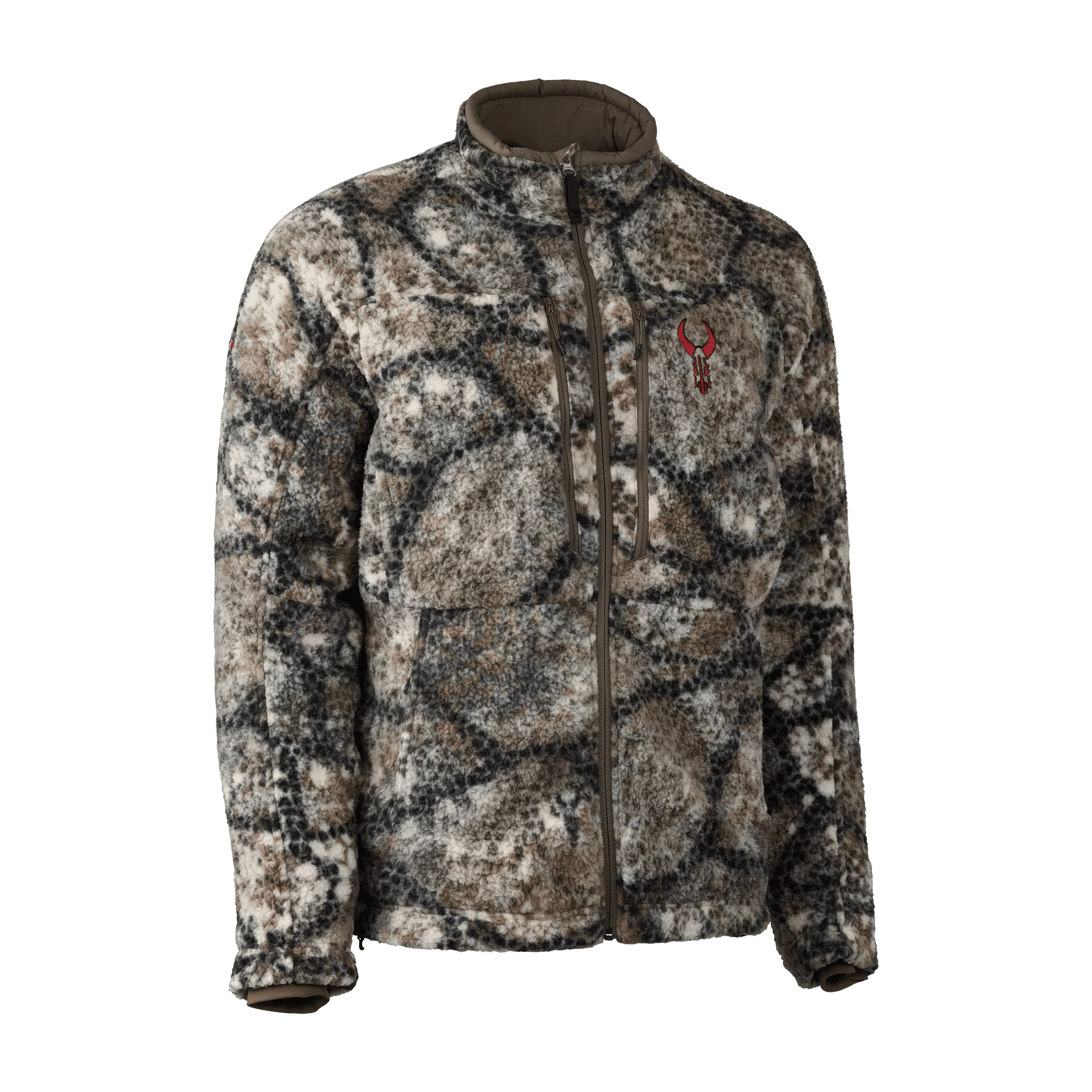 Badlands Silens camo jacket with zipper and red logo on chest, outdoor apparel