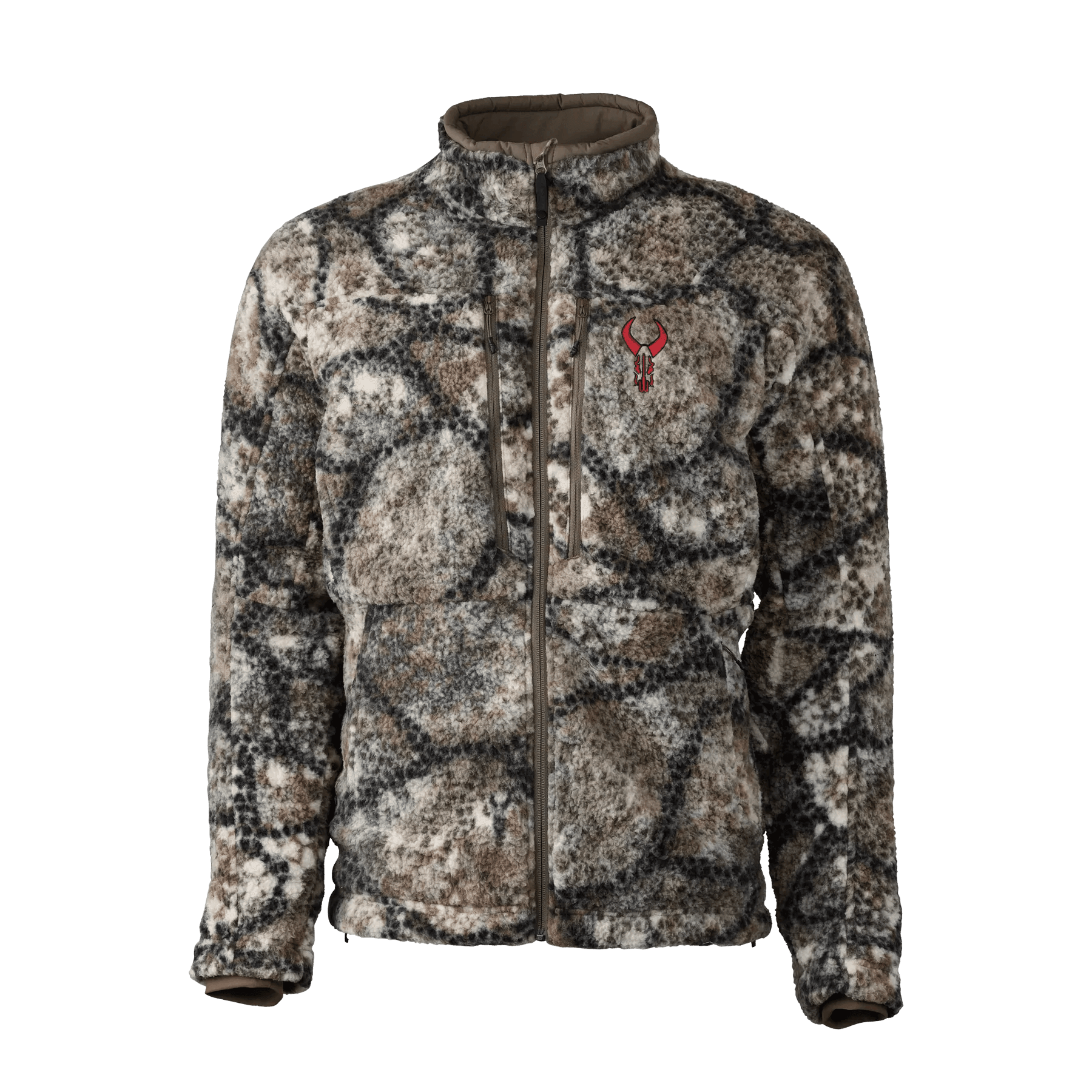 Badlands Silens camo fleece jacket with chest zipper pockets and red logo on the chest