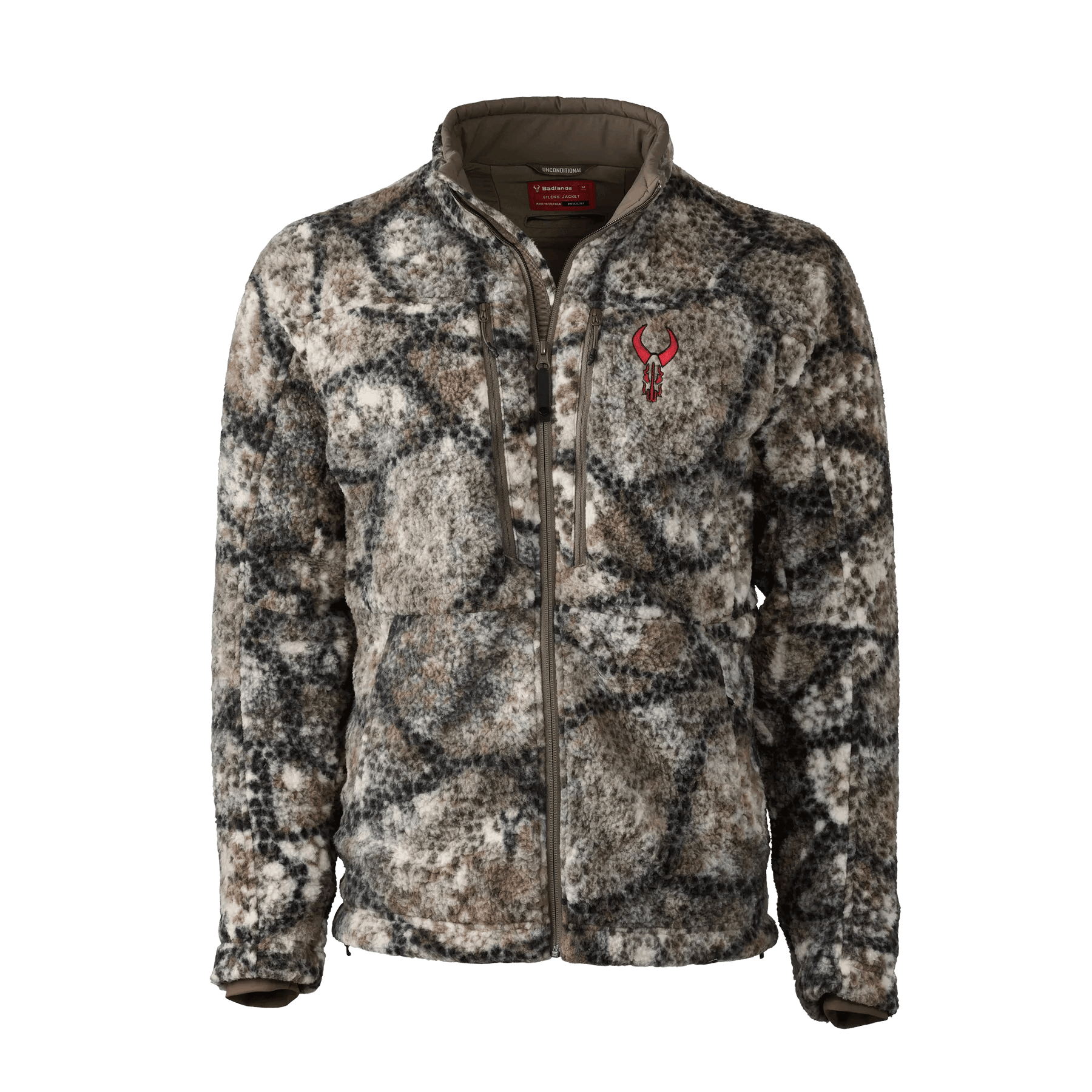 Badlands Silens camo jacket with fleece texture and embroidered red skull logo