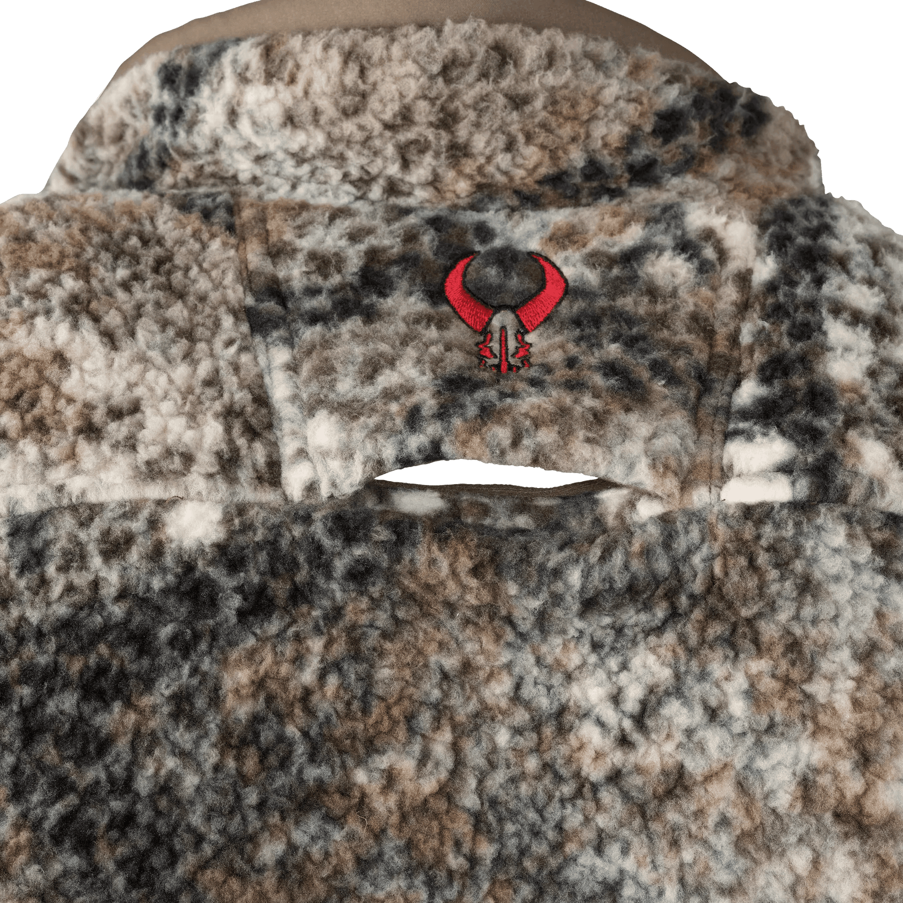 Close-up of camo fleece Badlands Silens jacket with red embroidered logo on collar