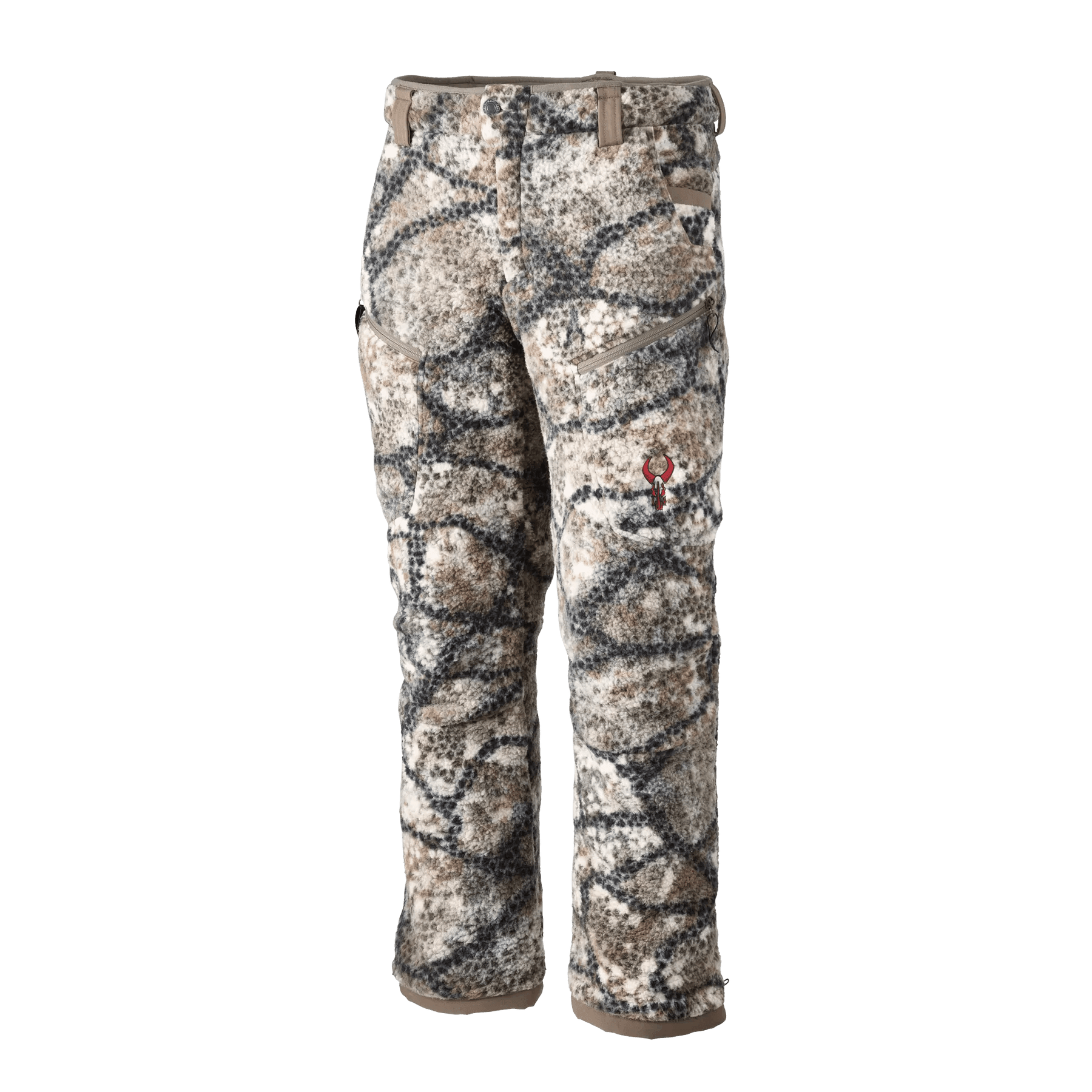 Badlands Silens camo hunting pants with zippered pockets on white background