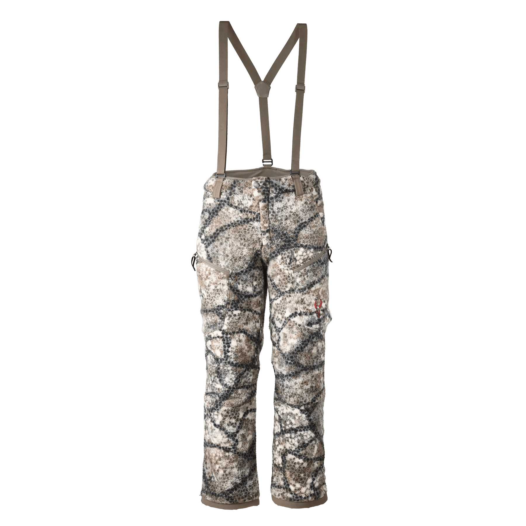 Badlands Silens camo hunting pants with suspenders on plain background