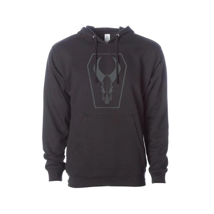 Black hoodie with gray skull graphic and geometric border, front pocket, drawstring hood