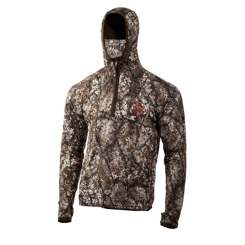 Camo hooded hunting hoodie with quarter zip and face covering, outdoor sports apparel