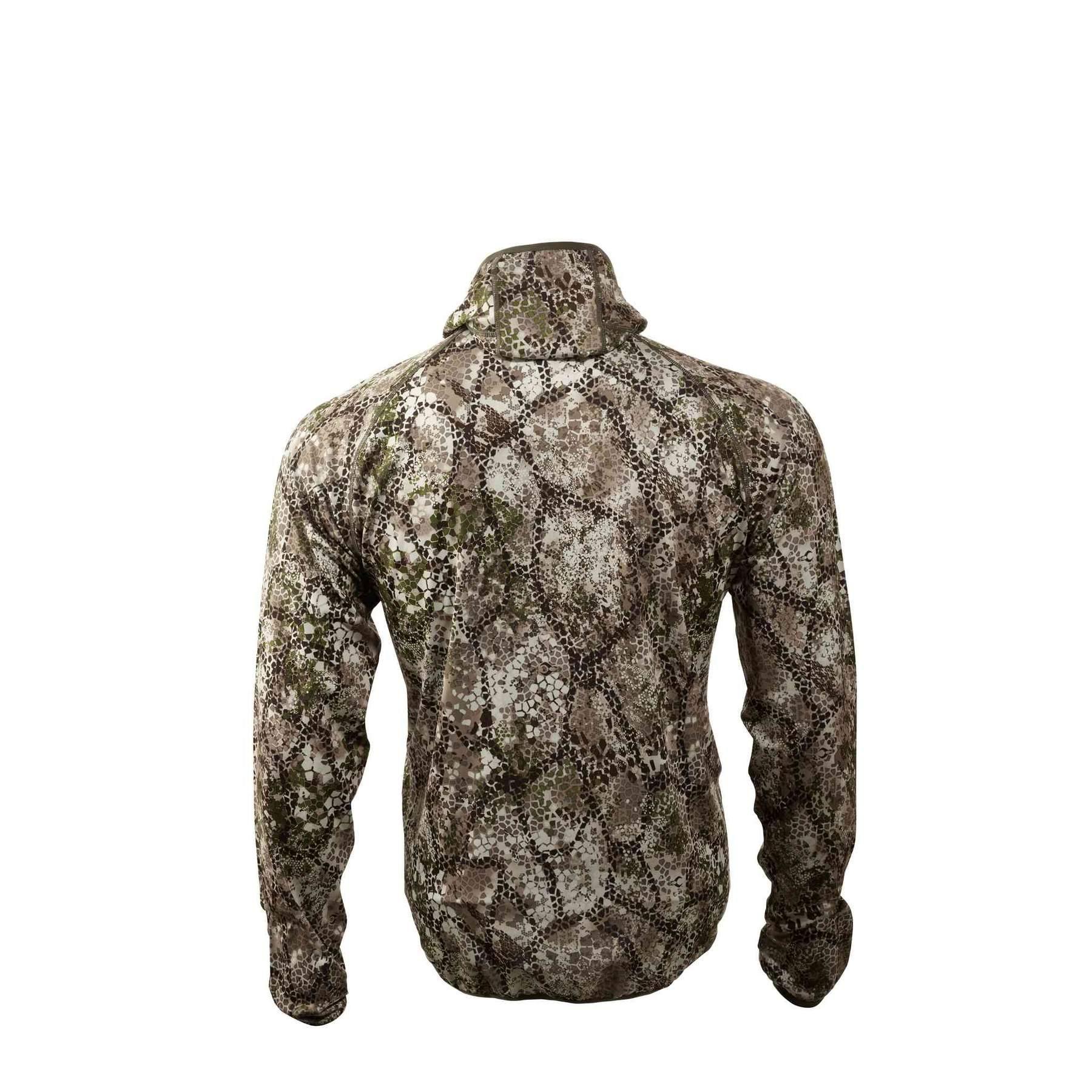 Back view of Badlands Stealth CoolTouch camo hoodie with long sleeves on white background