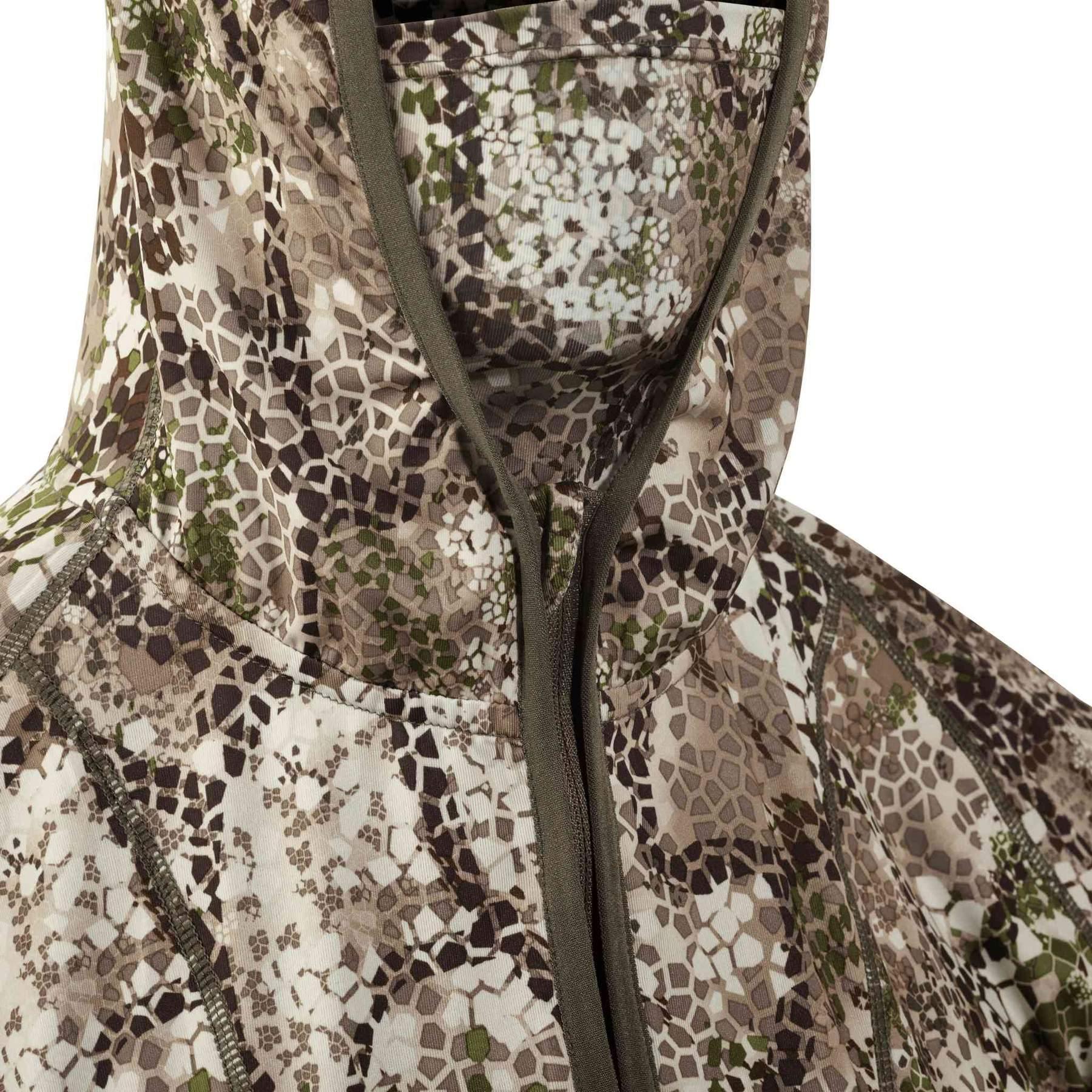 Close-up of Badlands Stealth CoolTouch hoodie in camo pattern with hood and zipper