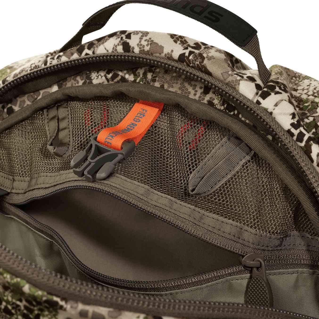 Badlands Superday Pack camo backpack open pocket with mesh organizer and orange tag