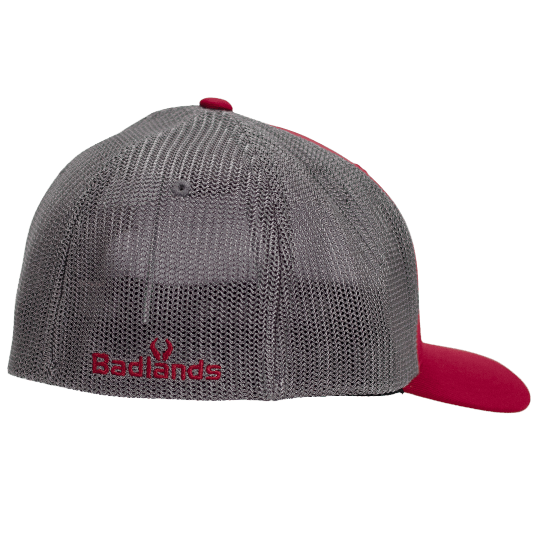 Badlands throwback hat with red brim and gray mesh back, outdoor sports cap