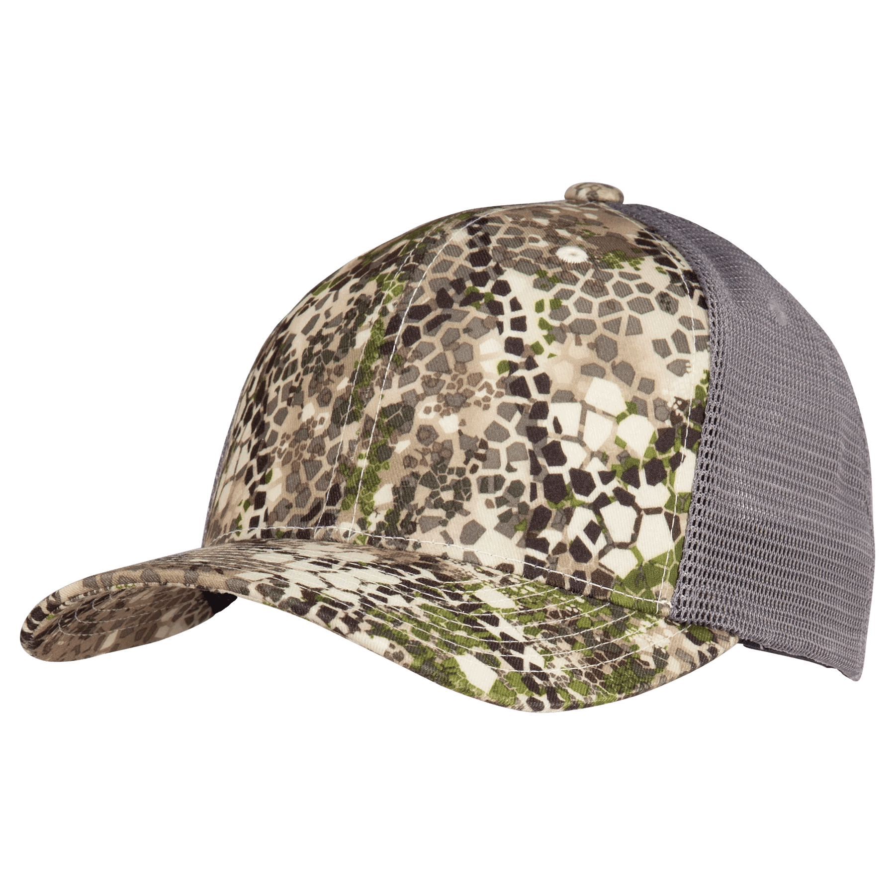 Badlands trucker hat with camo front and gray mesh back, outdoor sports cap