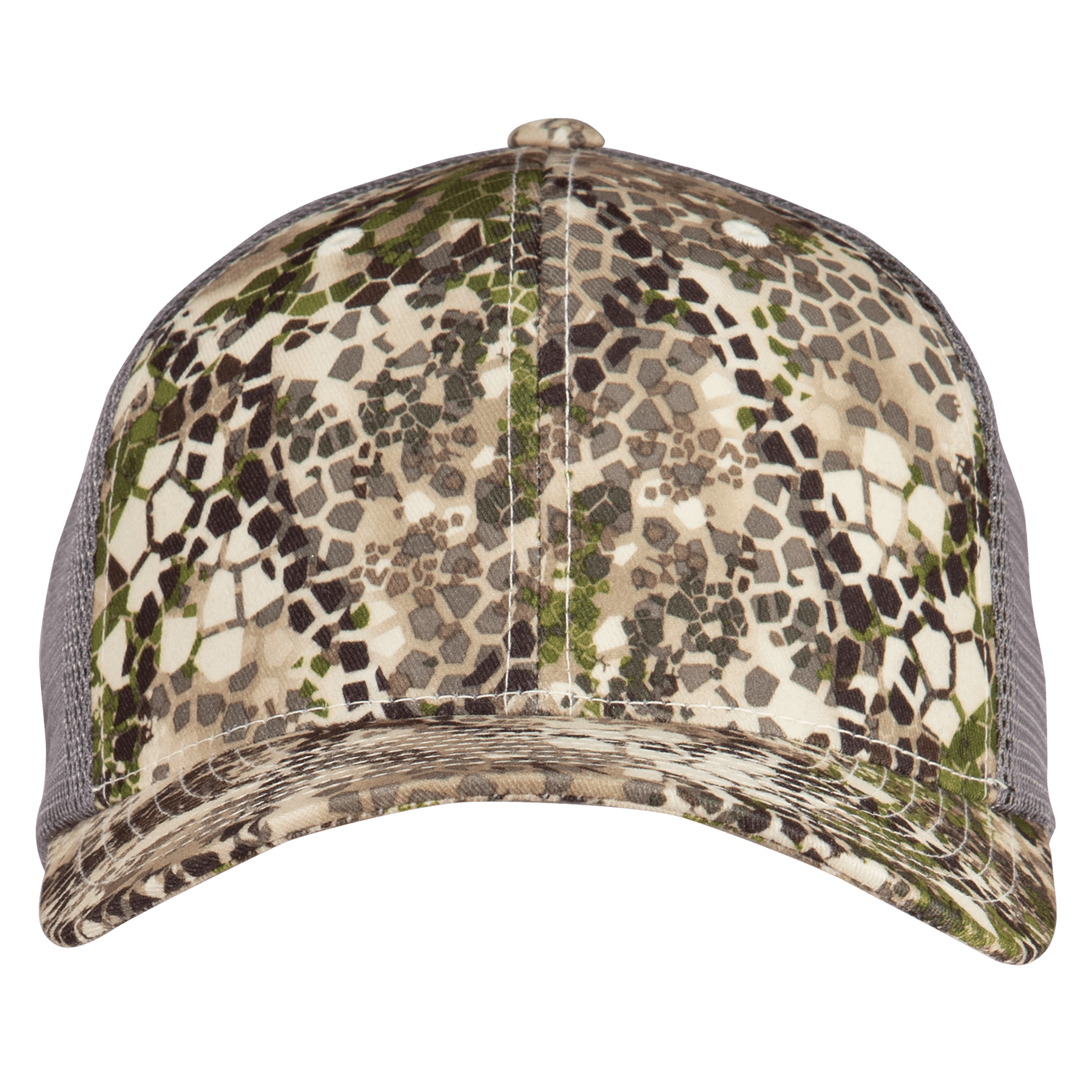 Camouflage mesh trucker hat with hexagon pattern, front view, outdoor sports cap