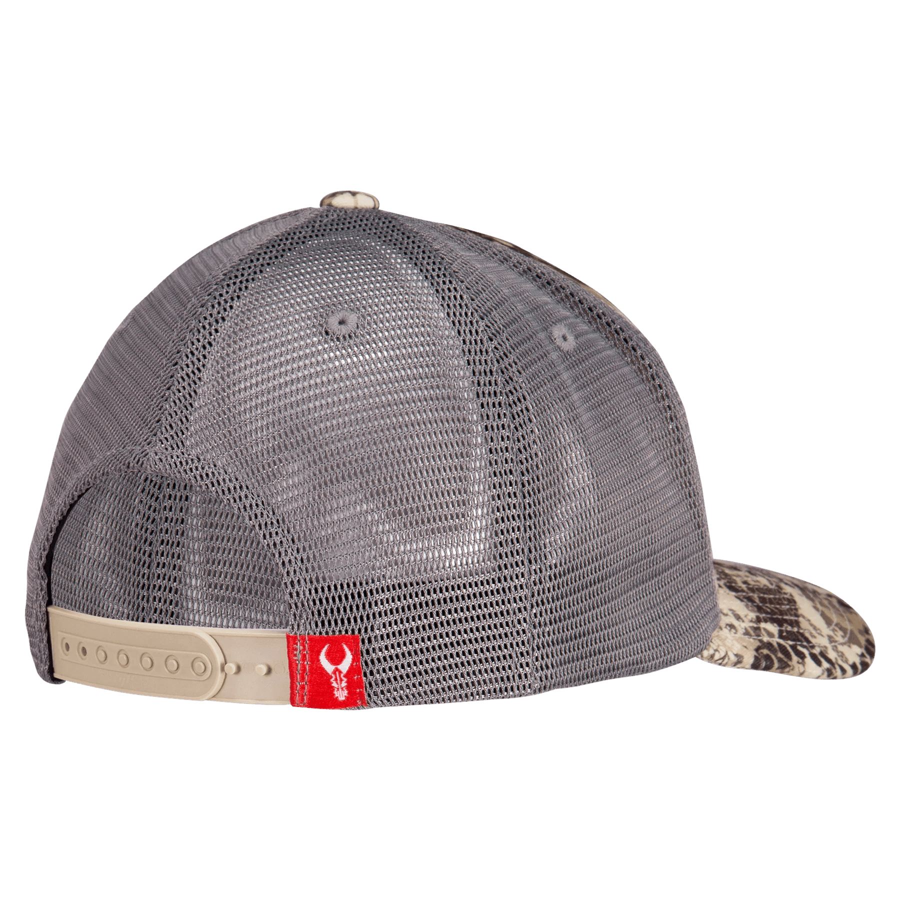 Gray mesh trucker hat with adjustable snapback and camo bill, outdoor sports cap