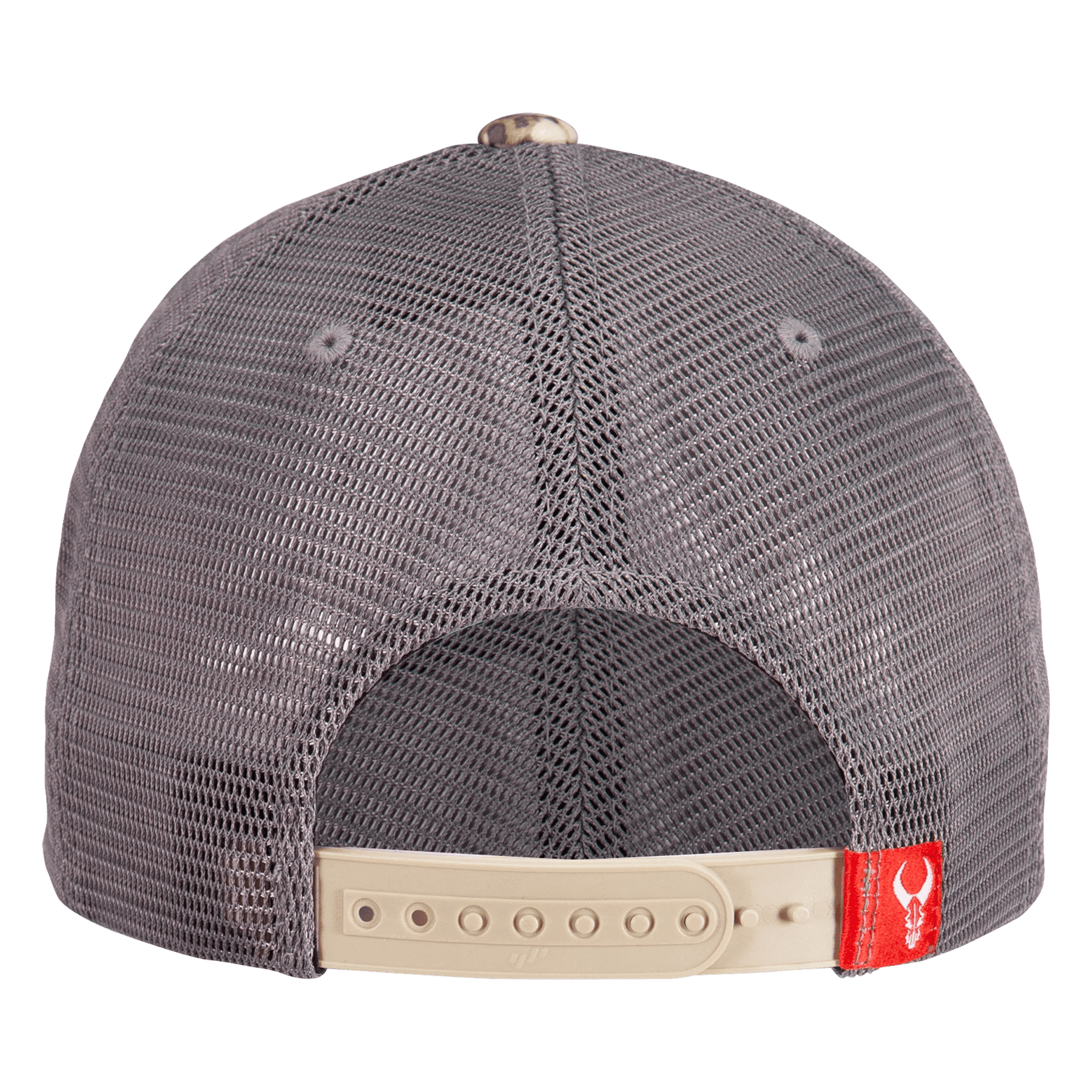Back view of gray mesh trucker hat with beige snapback and red tag, Badlands cap