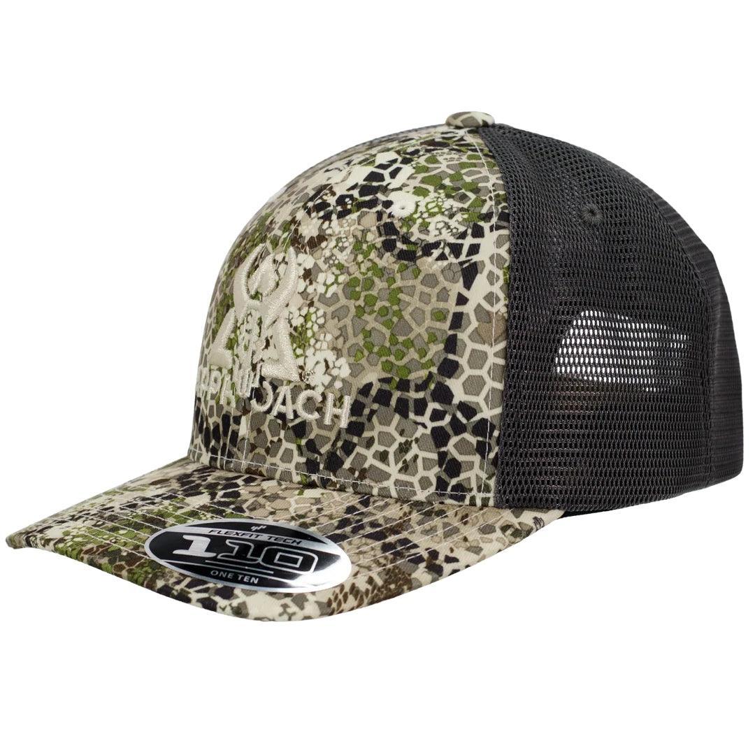 Badlands camo trucker hat with mesh back and Flexfit 110 sticker for outdoor sports