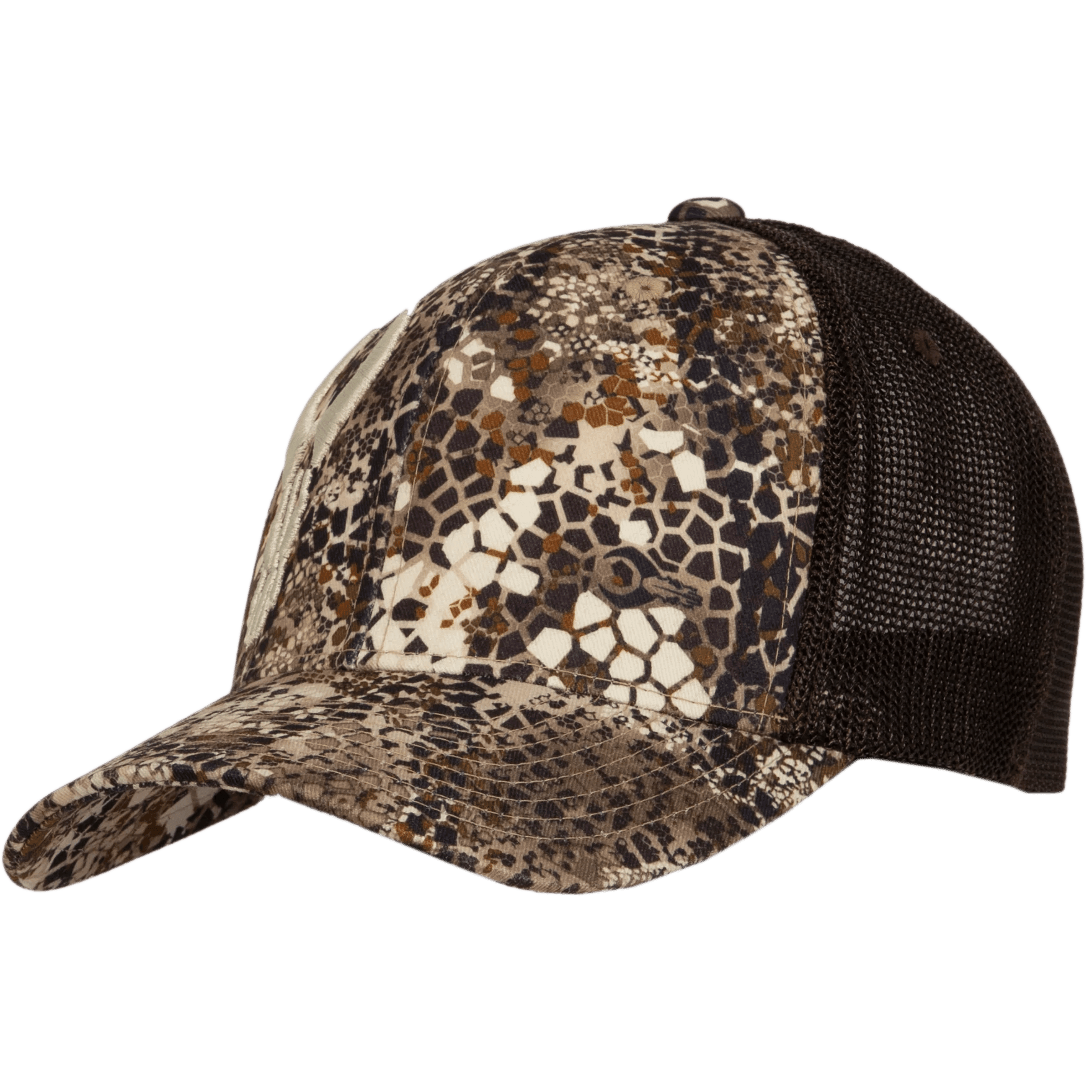 Badlands camo trucker hat with mesh back and geometric camouflage pattern