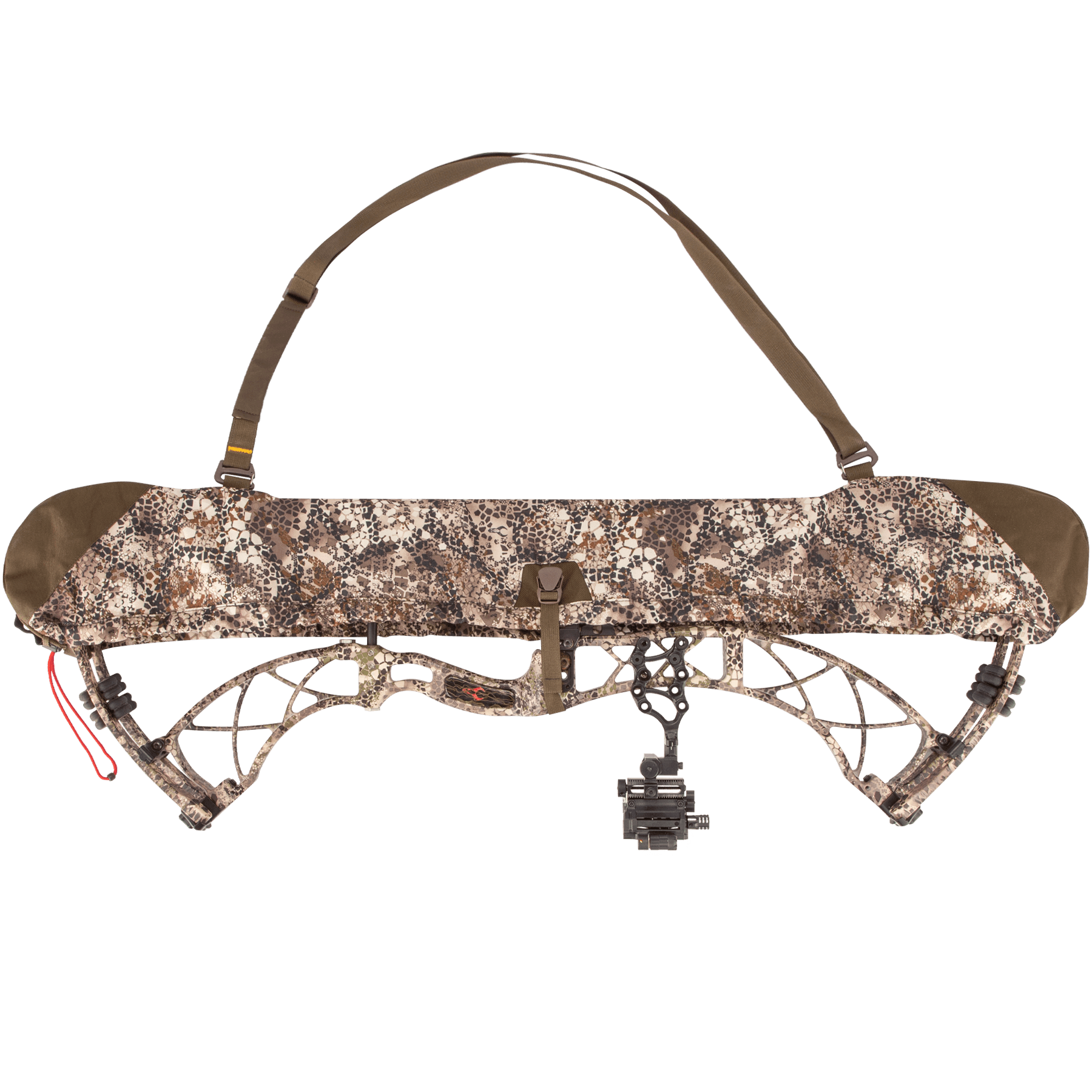 Badlands UL bow sling in camo pattern mounted on a compound bow with carry strap