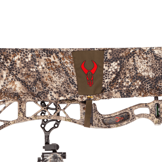 Badlands UL camo bow sling with red logo covering a compound bow