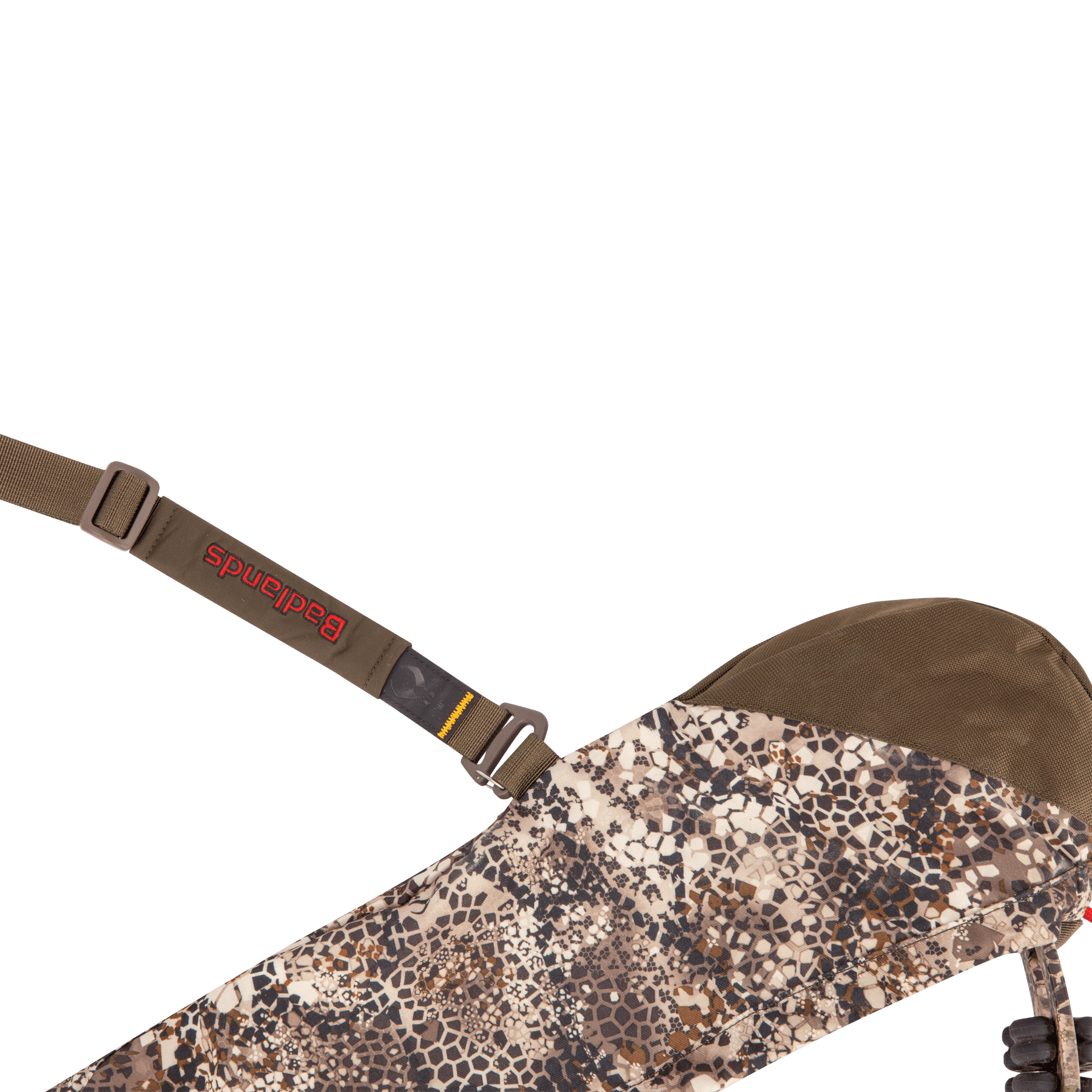 Badlands camo bow sling with adjustable strap, brown and tan pattern on blue background