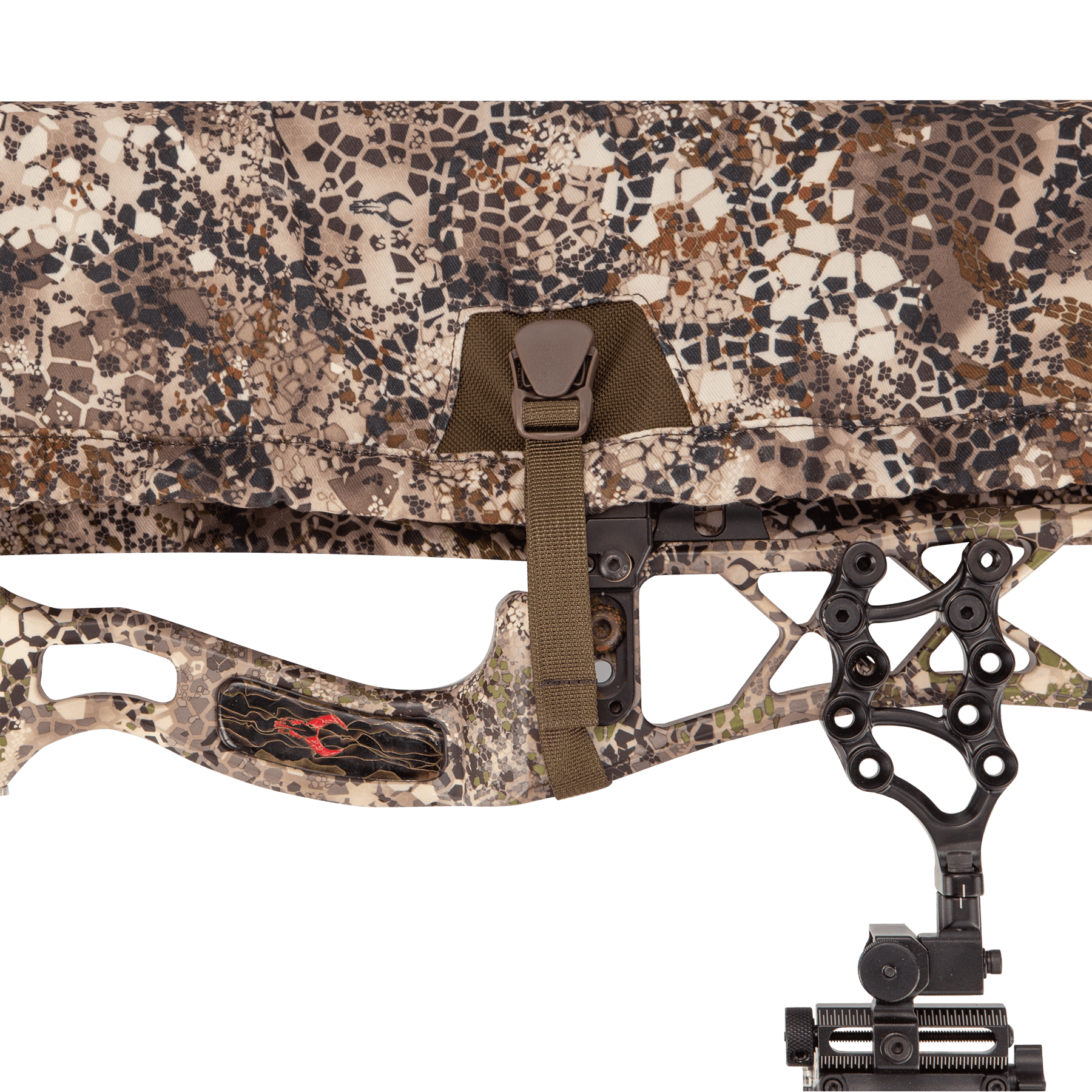 Badlands UL bow sling in camouflage pattern covering a compound bow