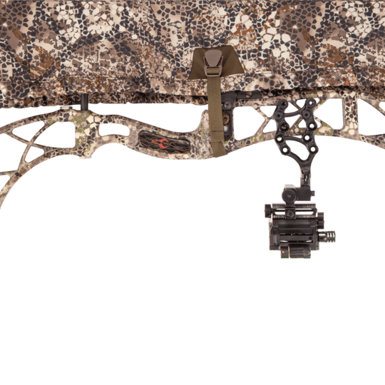 Badlands UL bow sling in camo pattern on a compound bow, outdoor hunting gear