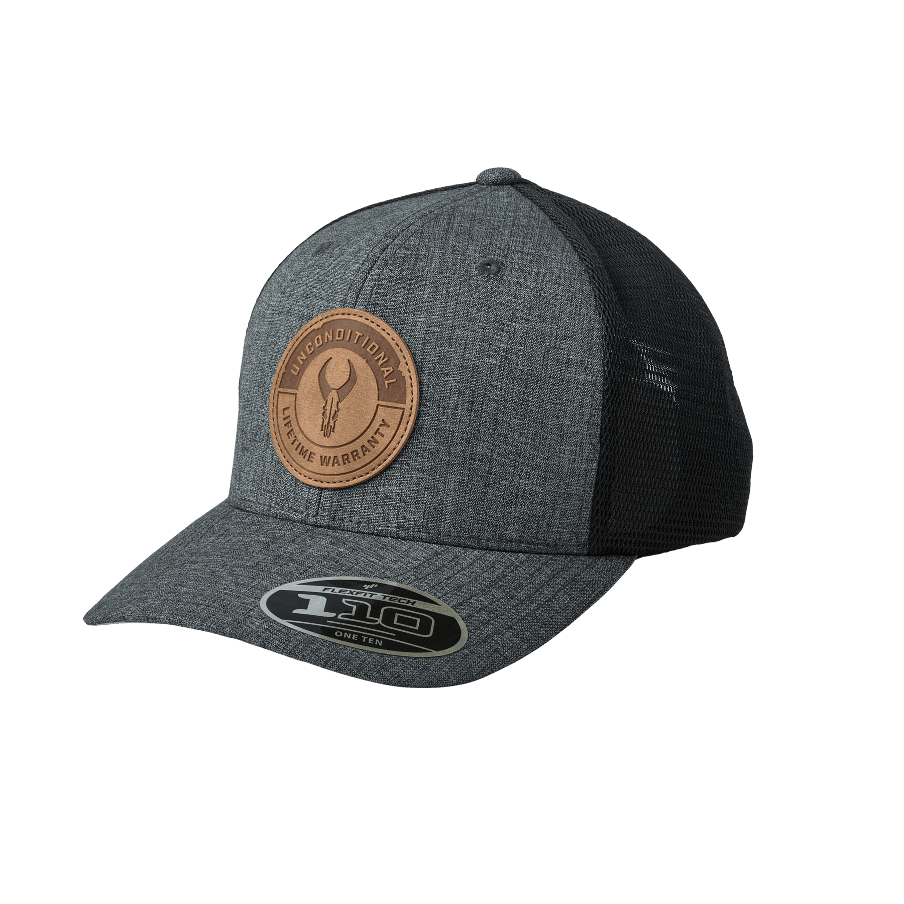 Gray mesh trucker hat with brown leather patch, Badlands Unconditional Lifetime Warranty logo