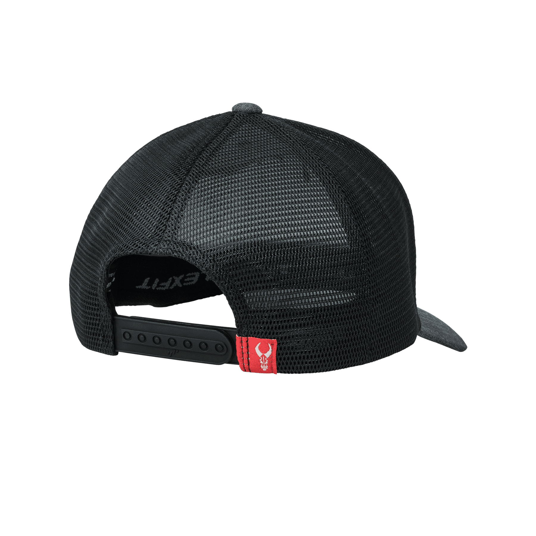 Black mesh snapback hat with red patch and horned skull logo on the back