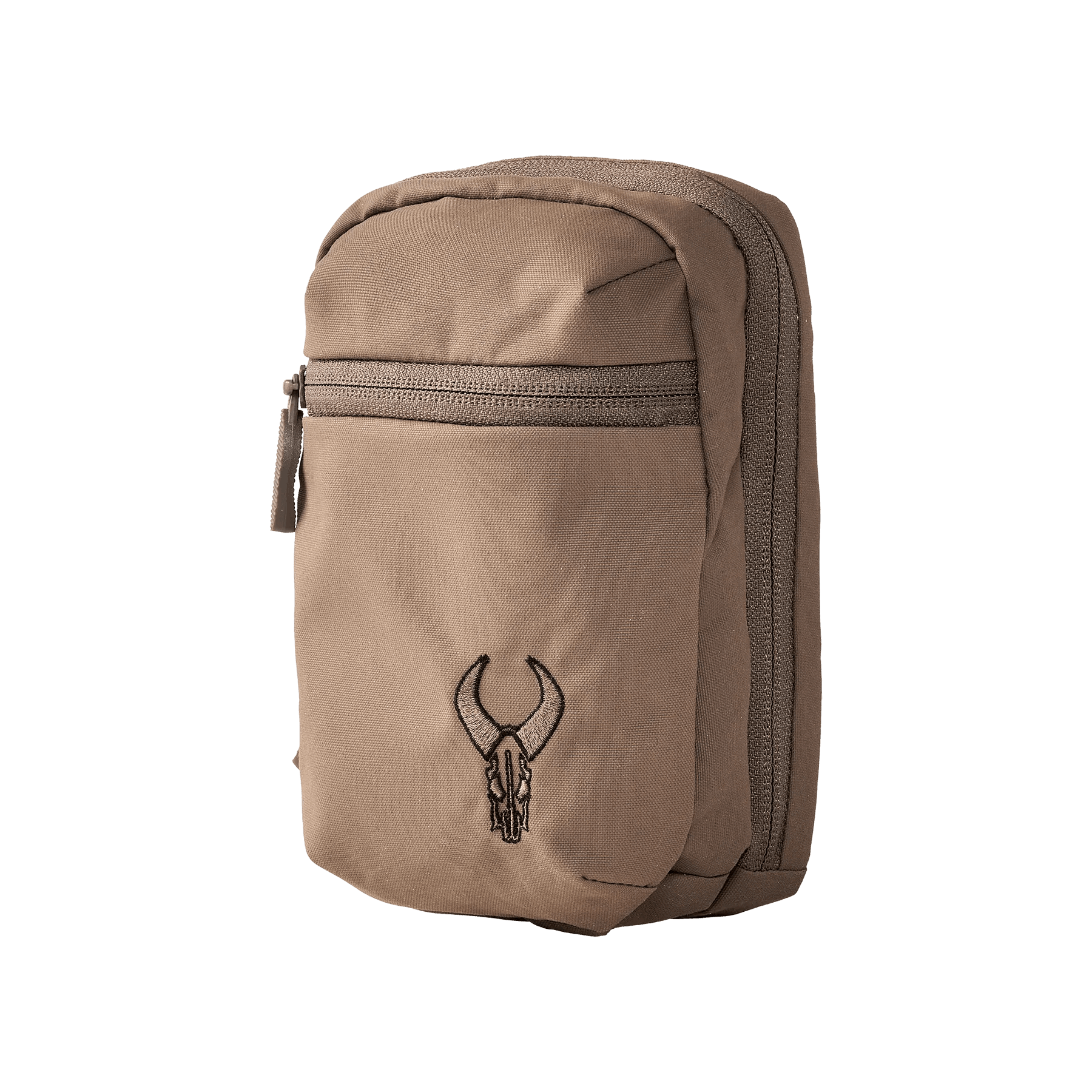 Tan Badlands vertical pocket pouch with zipper and embroidered skull logo