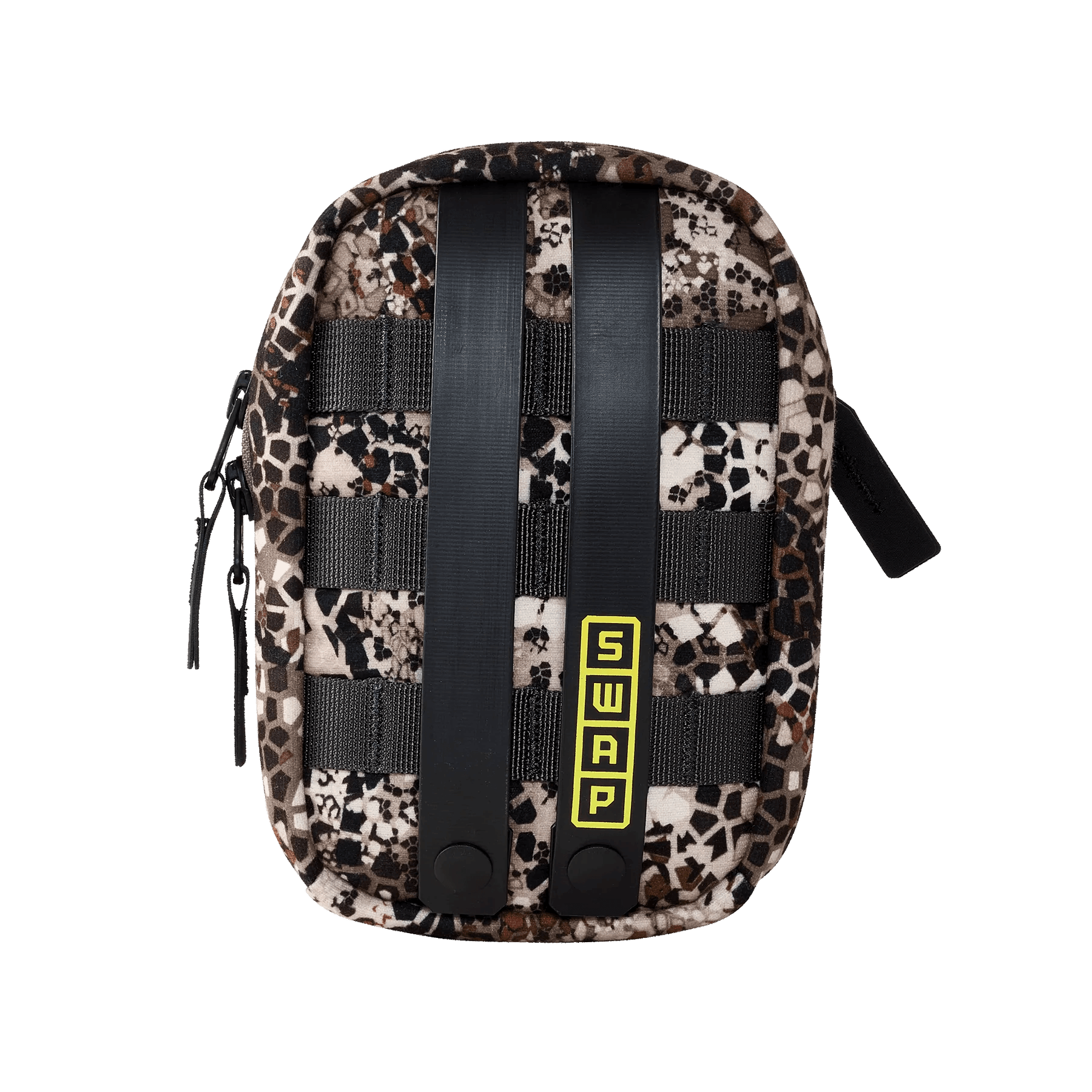 Camouflage Badlands vertical pocket pouch with MOLLE webbing and SWAP yellow label