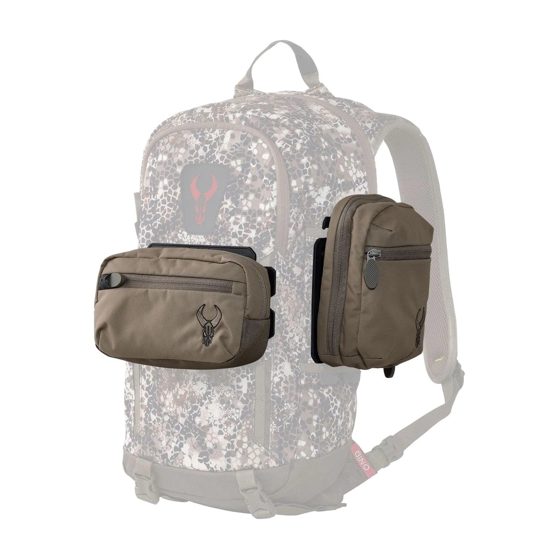 Badlands vertical pocket accessories on camo hunting backpack, outdoor gear
