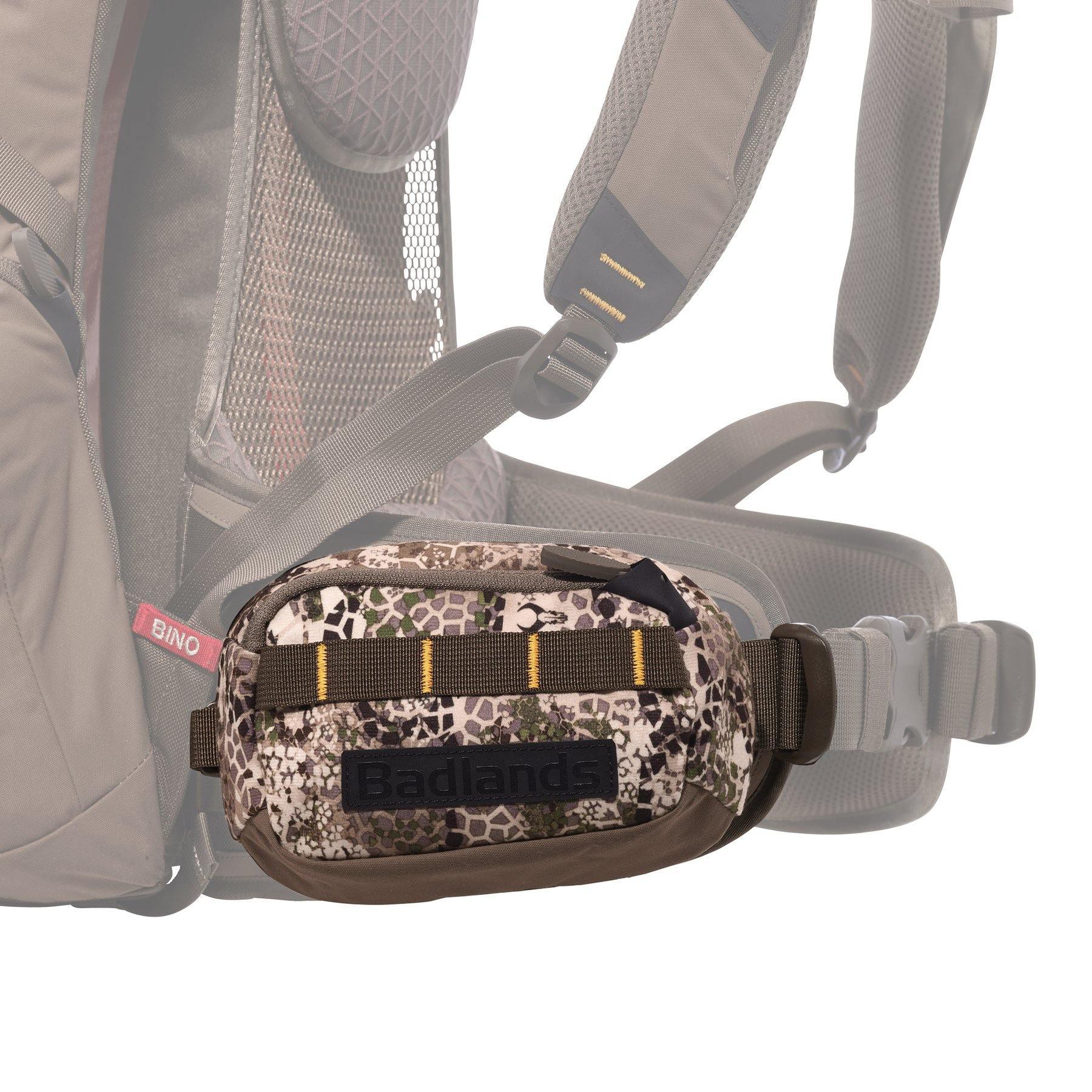 Badlands camo waist belt pouch attached to hiking backpack harness