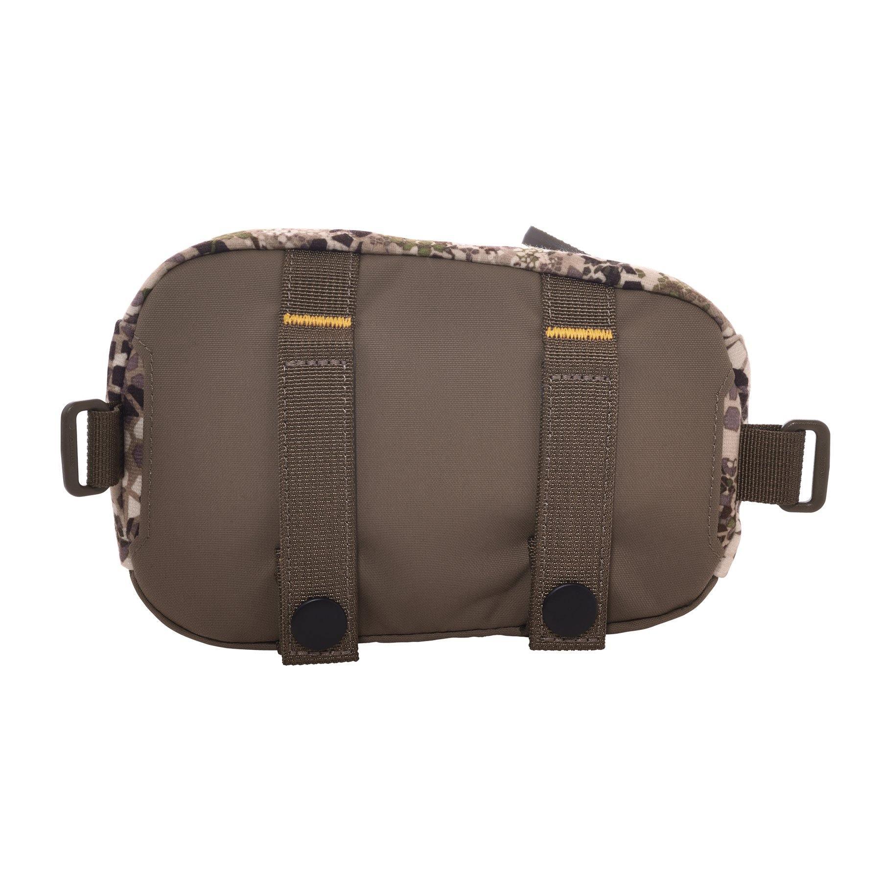 Olive green Badlands waist belt pocket with camo trim and dual strap attachments