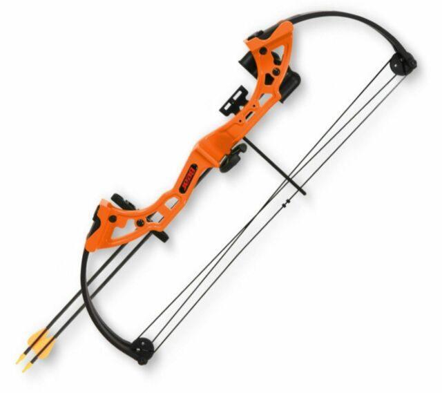 Bear Archery Brave orange youth compound bow with arrows on a white background