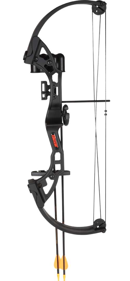 Bear Archery Brave RH youth compound bow with black frame and two yellow-fletched arrows