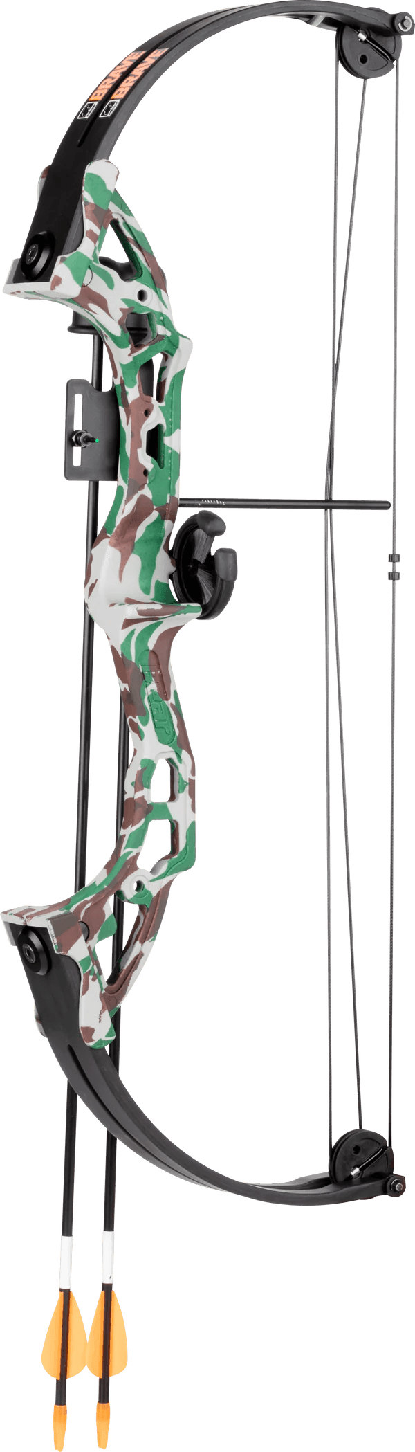 Bear Archery Brave RH youth compound bow with camo design and two arrows