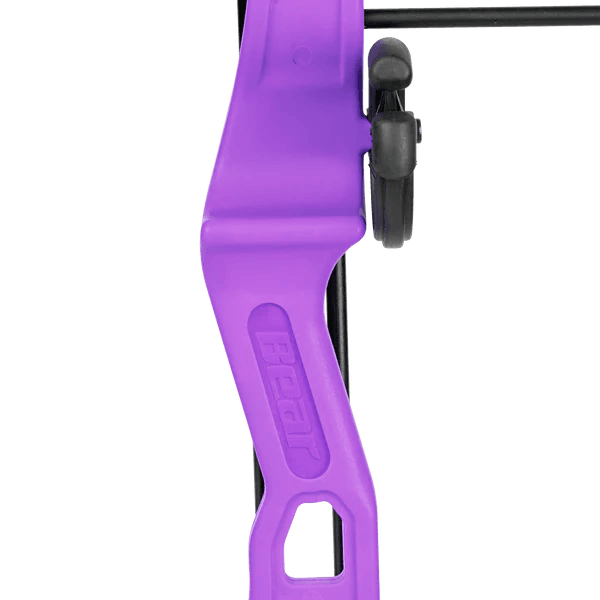 Close-up of Bear Archery Brave RH youth bow in vibrant purple color