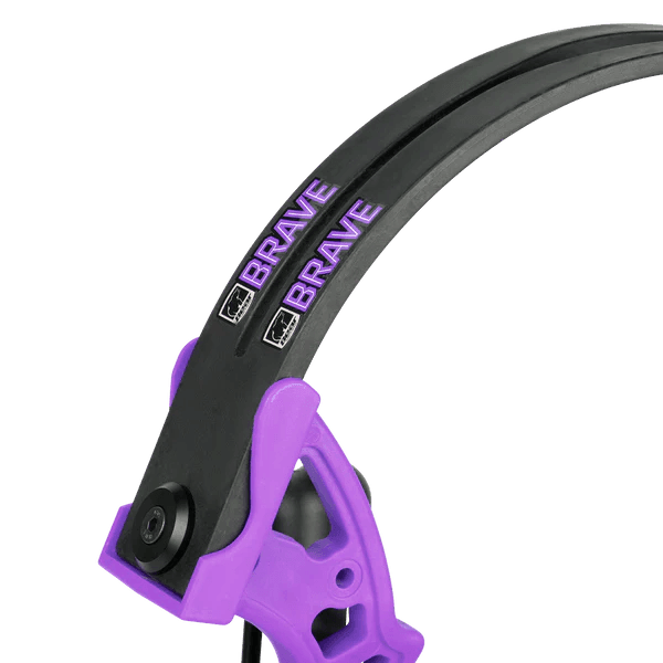 Bear Archery Brave purple youth bow close-up with black limb and BRAVE branding