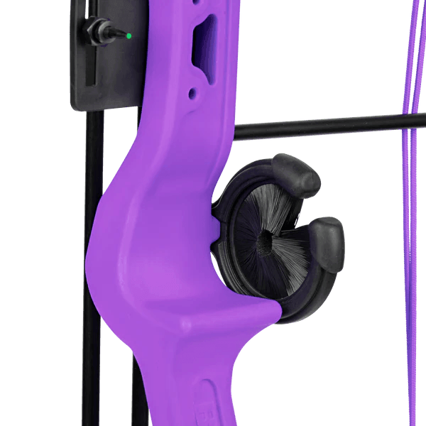 Close-up of purple Bear Archery Brave youth bow with arrow rest and black cables