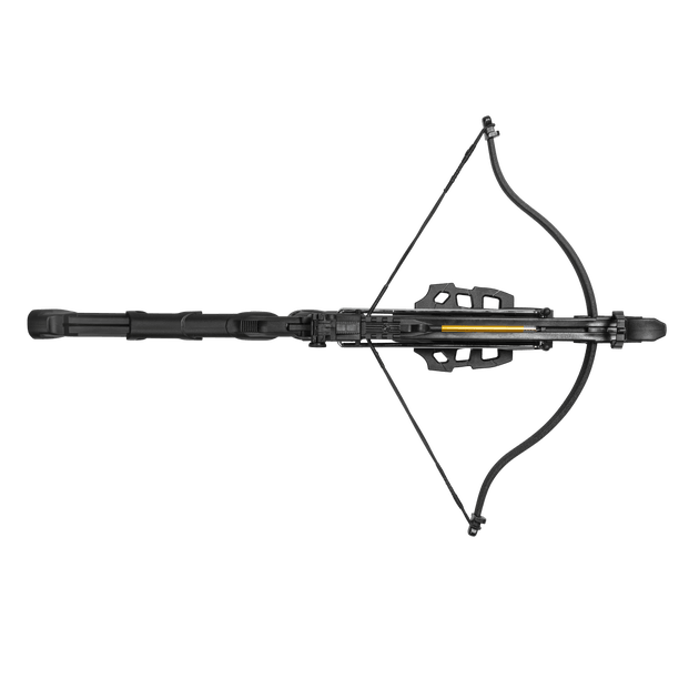 Bear Archery Desire XL crossbow black with yellow bolt, top view on clear background