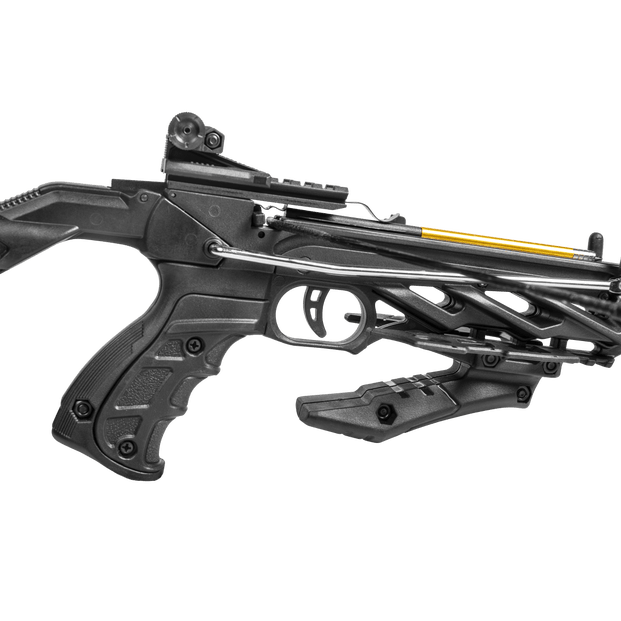 Bear Archery Desire XL black crossbow with yellow bolt on a grey background