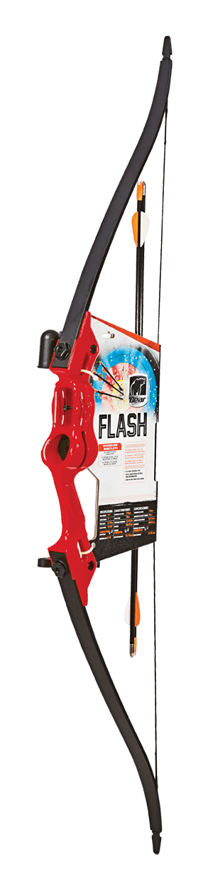 Bear Archery Flash youth recurve bow with red riser, black limbs, and two arrows