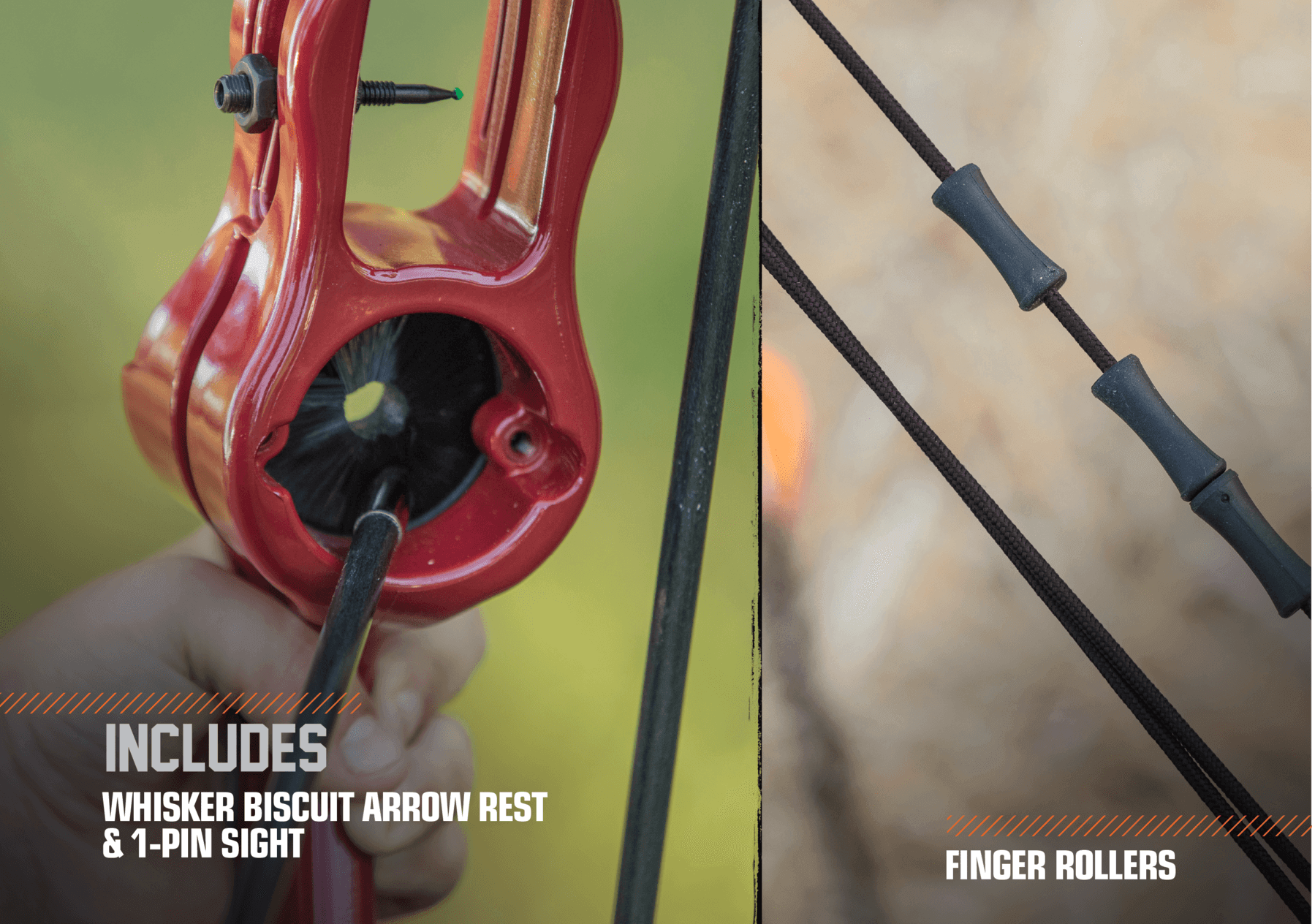 Red youth recurve bow close-up showing whisker biscuit arrow rest, 1-pin sight, and finger rollers.