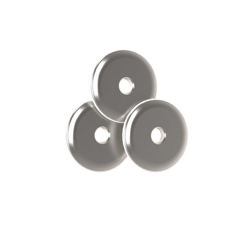 Three metallic Bee Stinger archery stabilizer weights stacked on white background